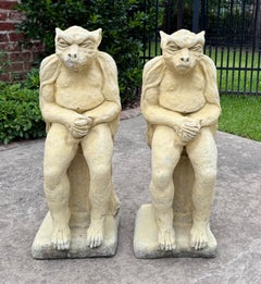 Vintage English Statues Garden Figures Gargoyles Seated Cast Stone Pair