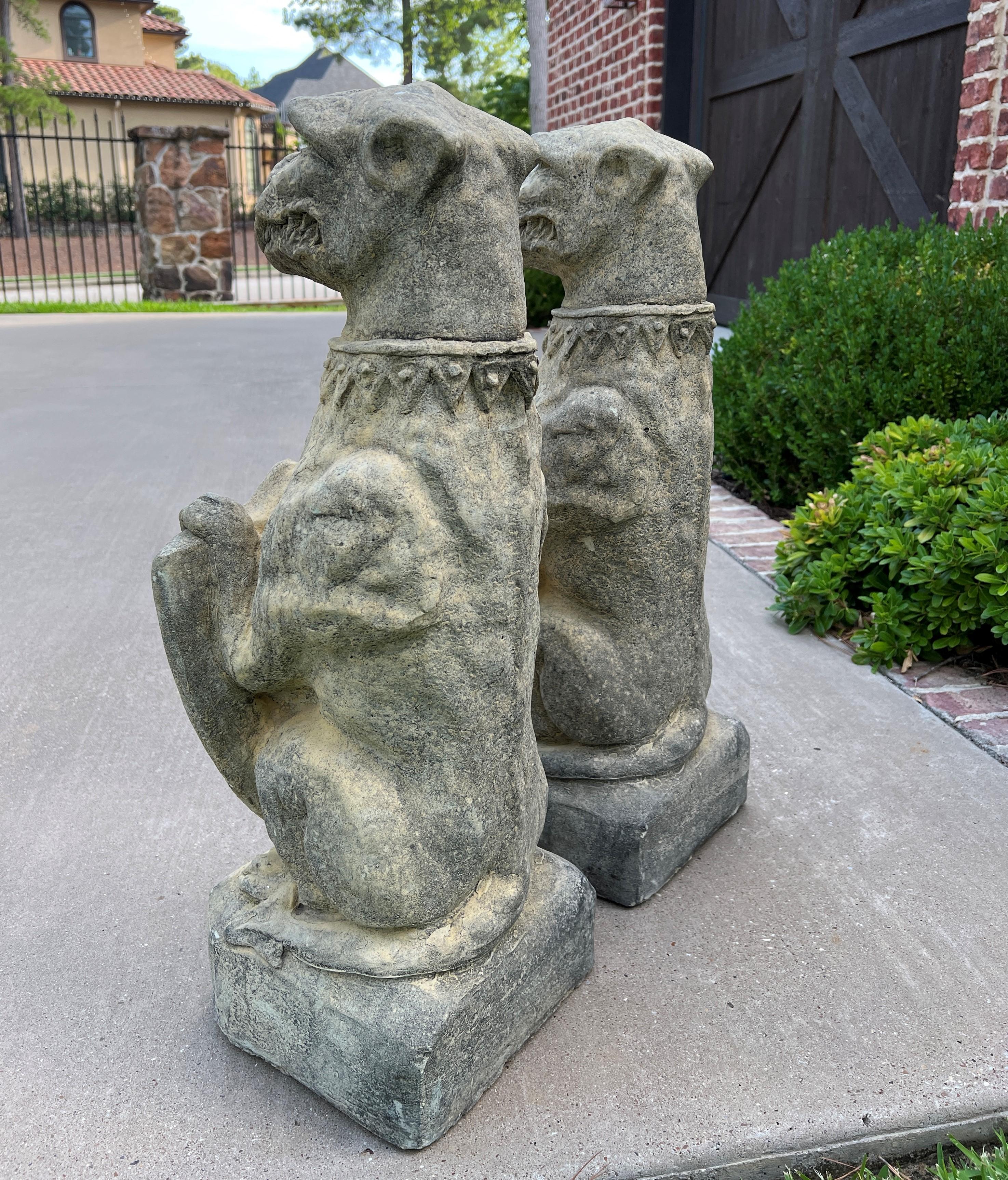Vintage English Statues Garden Figures Gargoyles Shield Cast Stone Pair 8