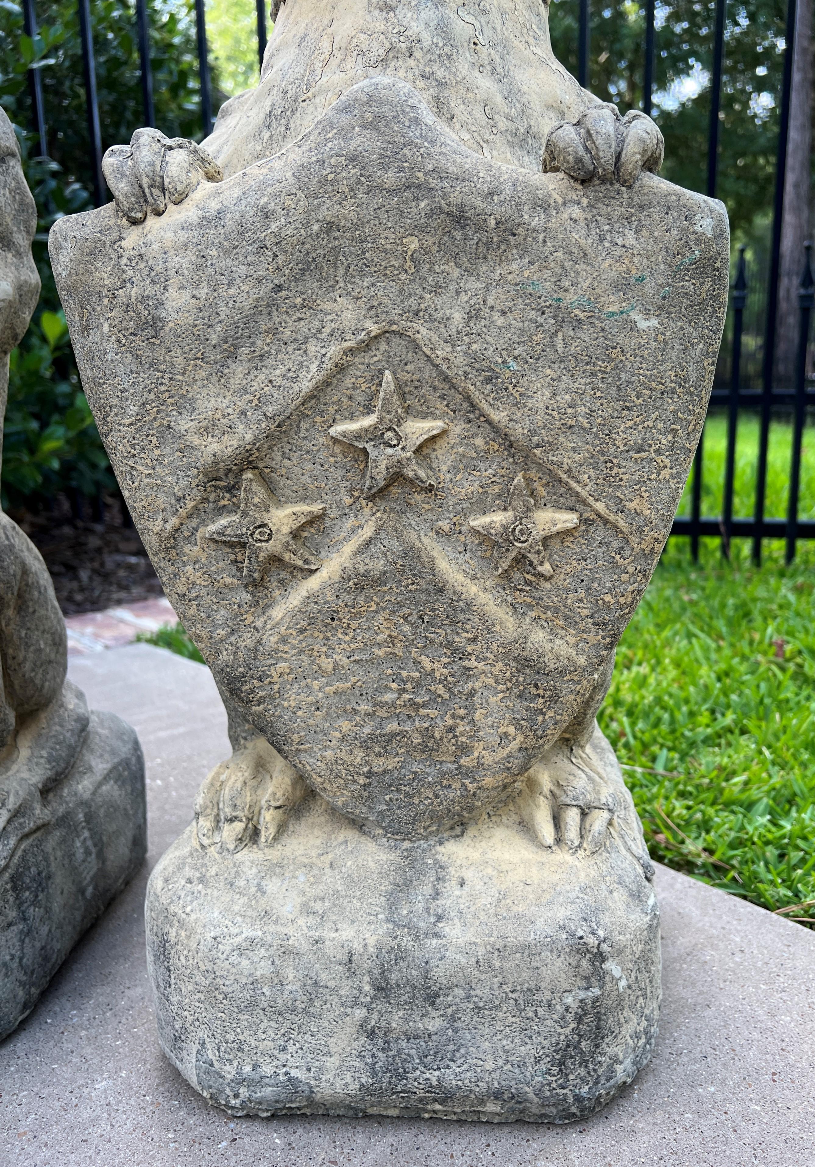 Vintage English Statues Garden Figures Gargoyles Shield Cast Stone Pair 10