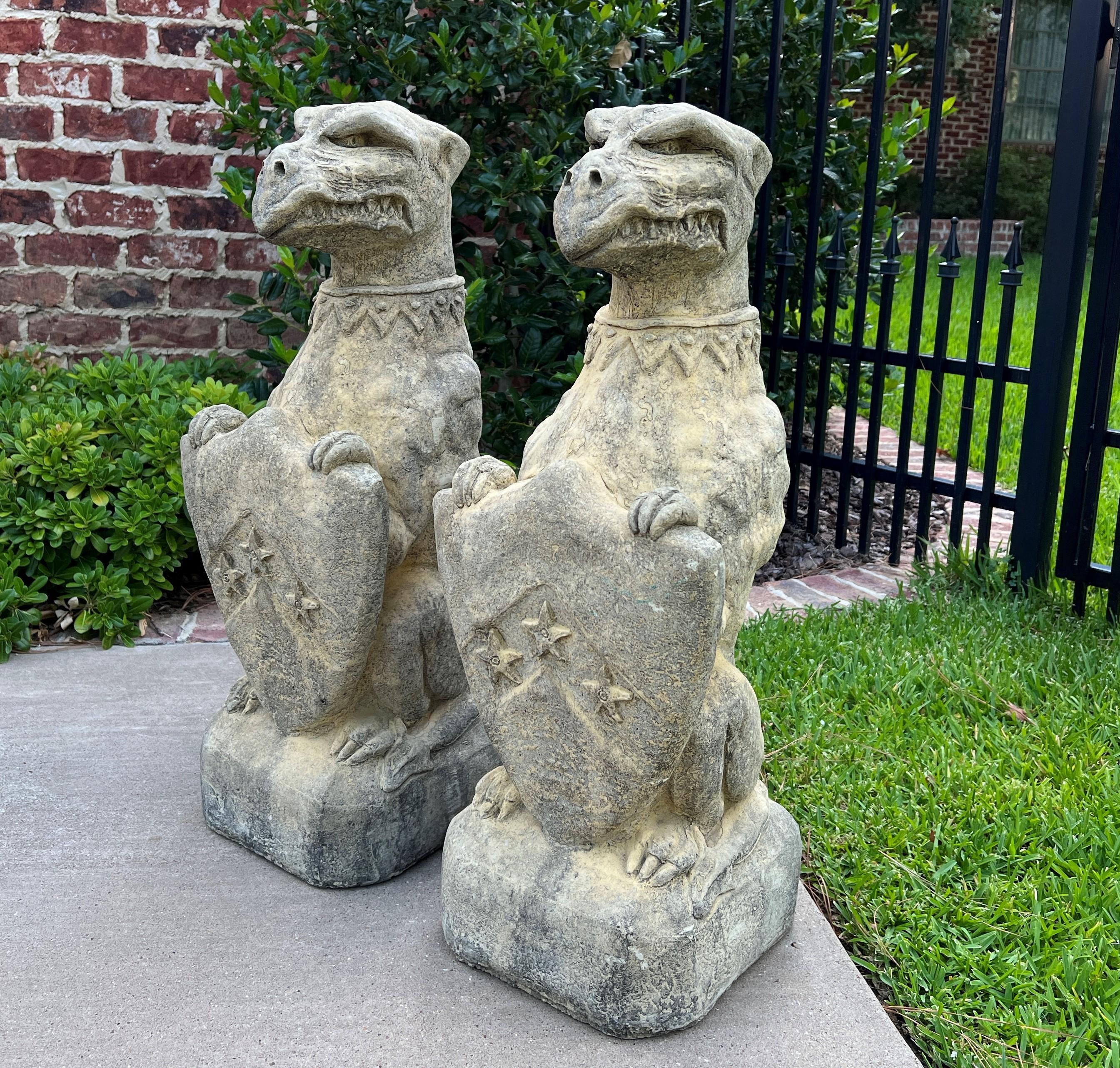 Vintage English Statues Garden Figures Gargoyles Shield Cast Stone Pair In Good Condition In Tyler, TX