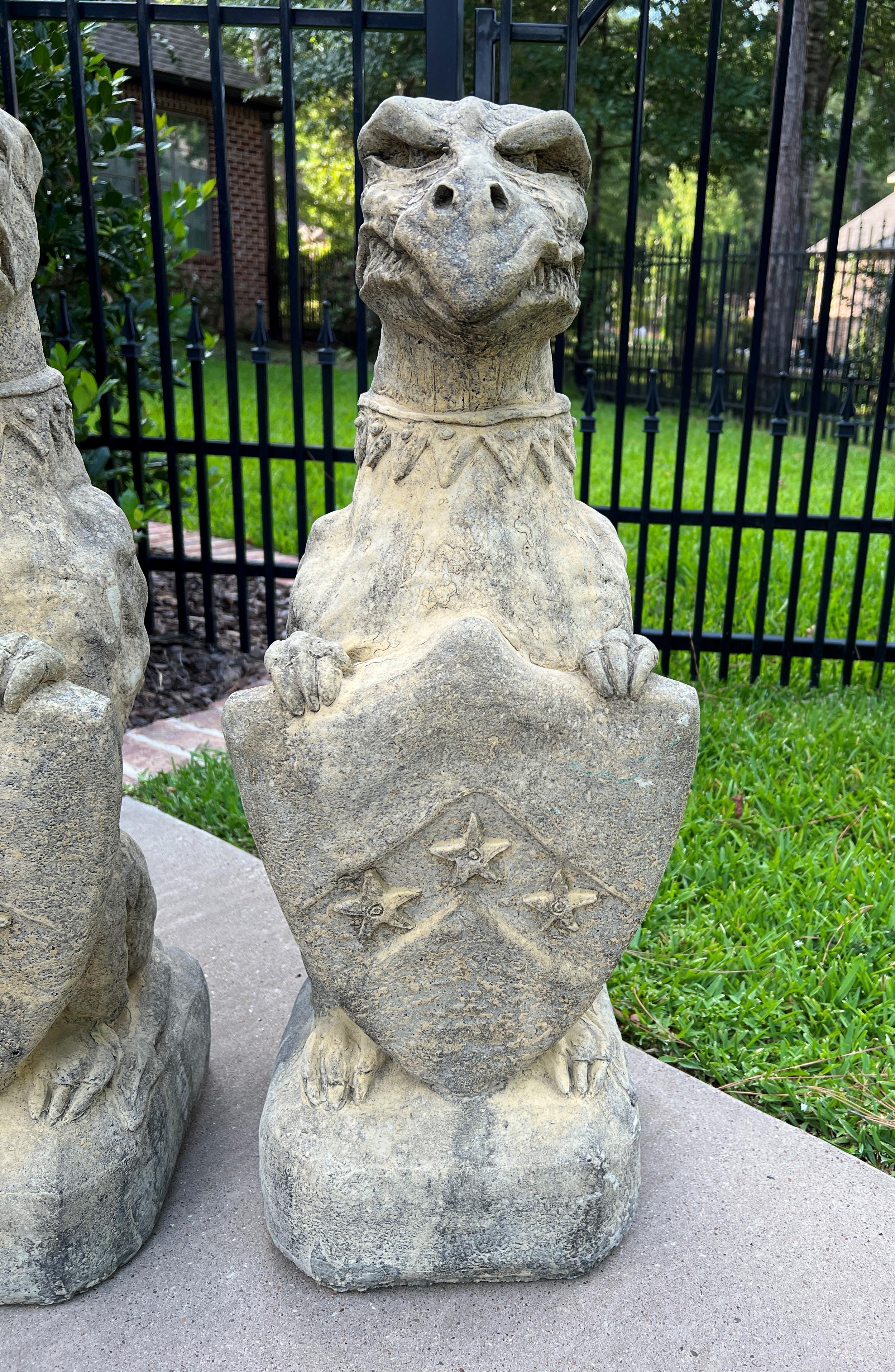 Vintage English Statues Garden Figures Gargoyles Shield Cast Stone Pair 1