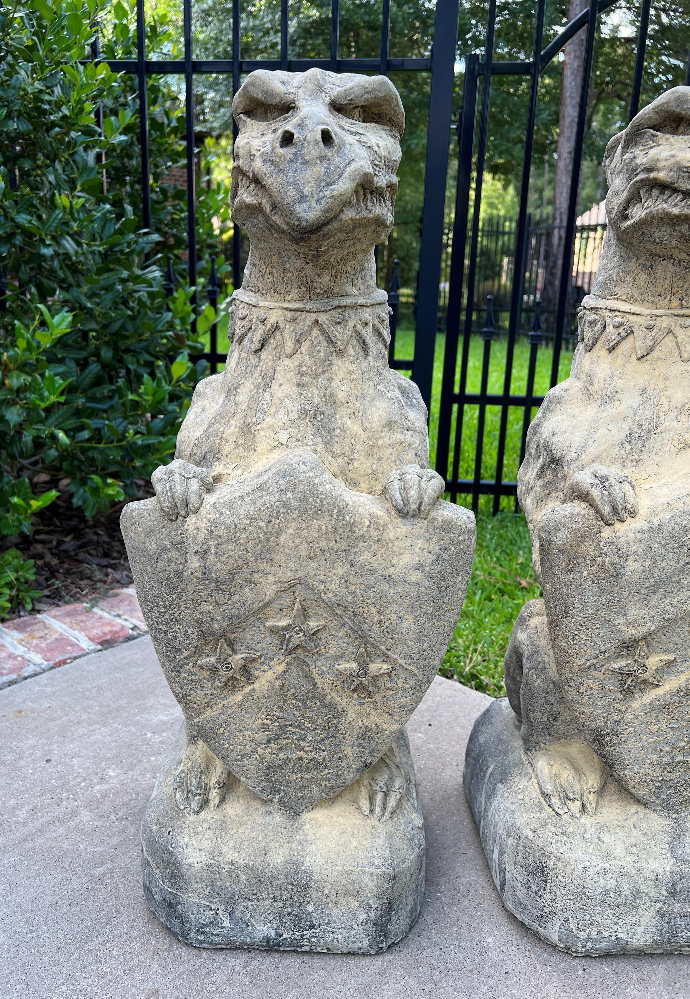 Vintage English Statues Garden Figures Gargoyles Shield Cast Stone Pair 2