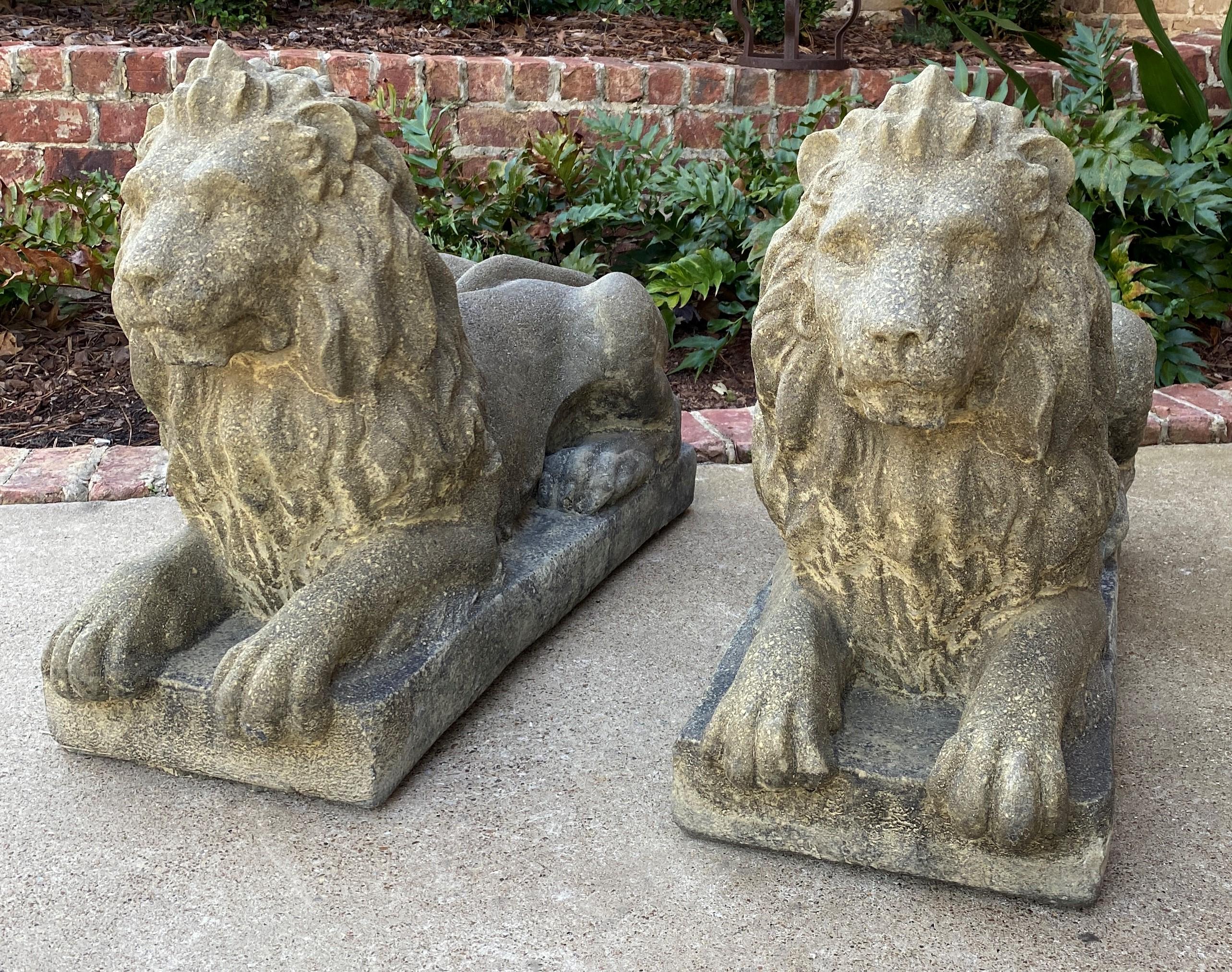 Vintage English Statues Garden Figures Lions Cast Stone Pair Recumbent Lions 5