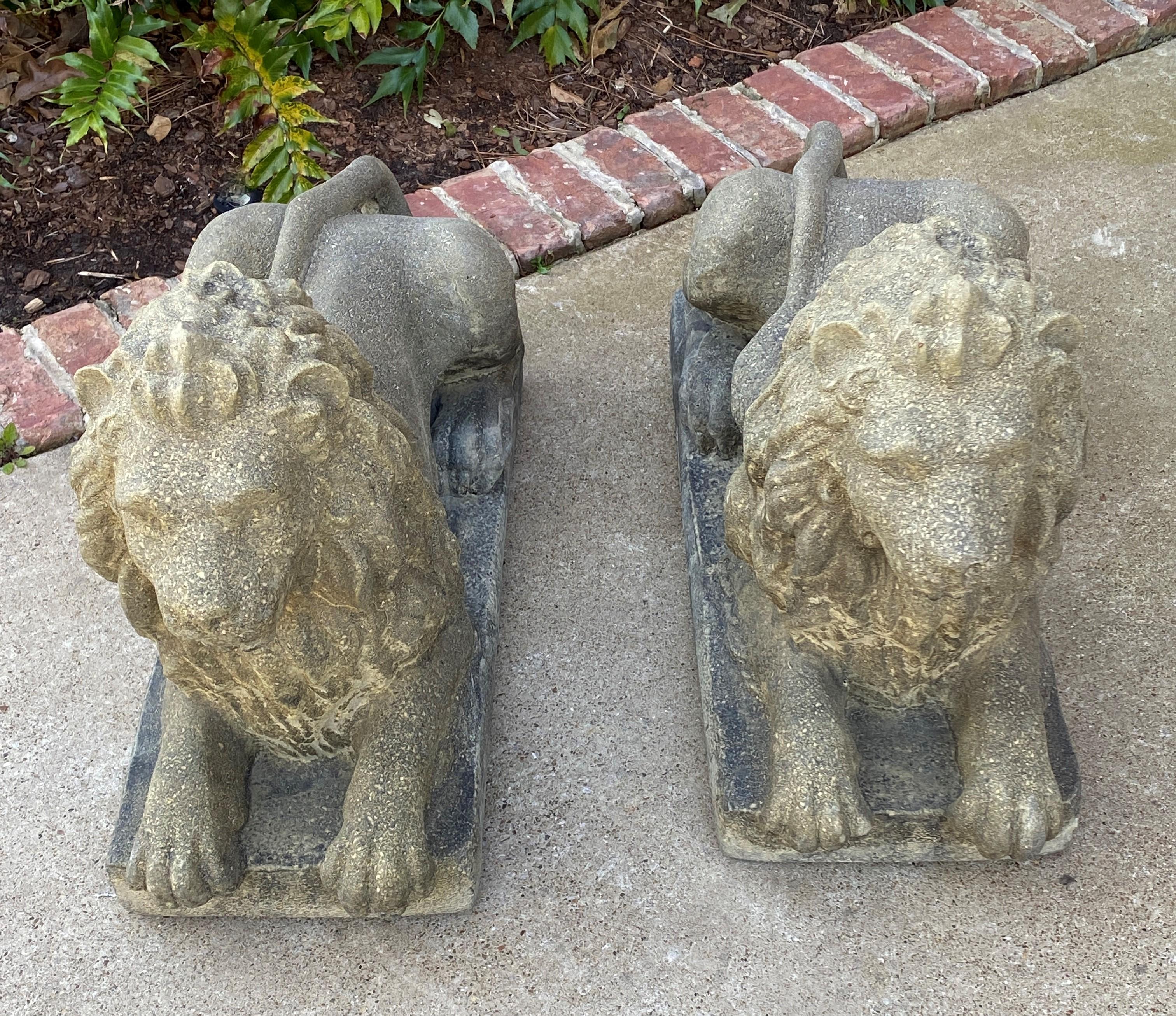 Vintage English Statues Garden Figures Lions Cast Stone Pair Recumbent Lions 6