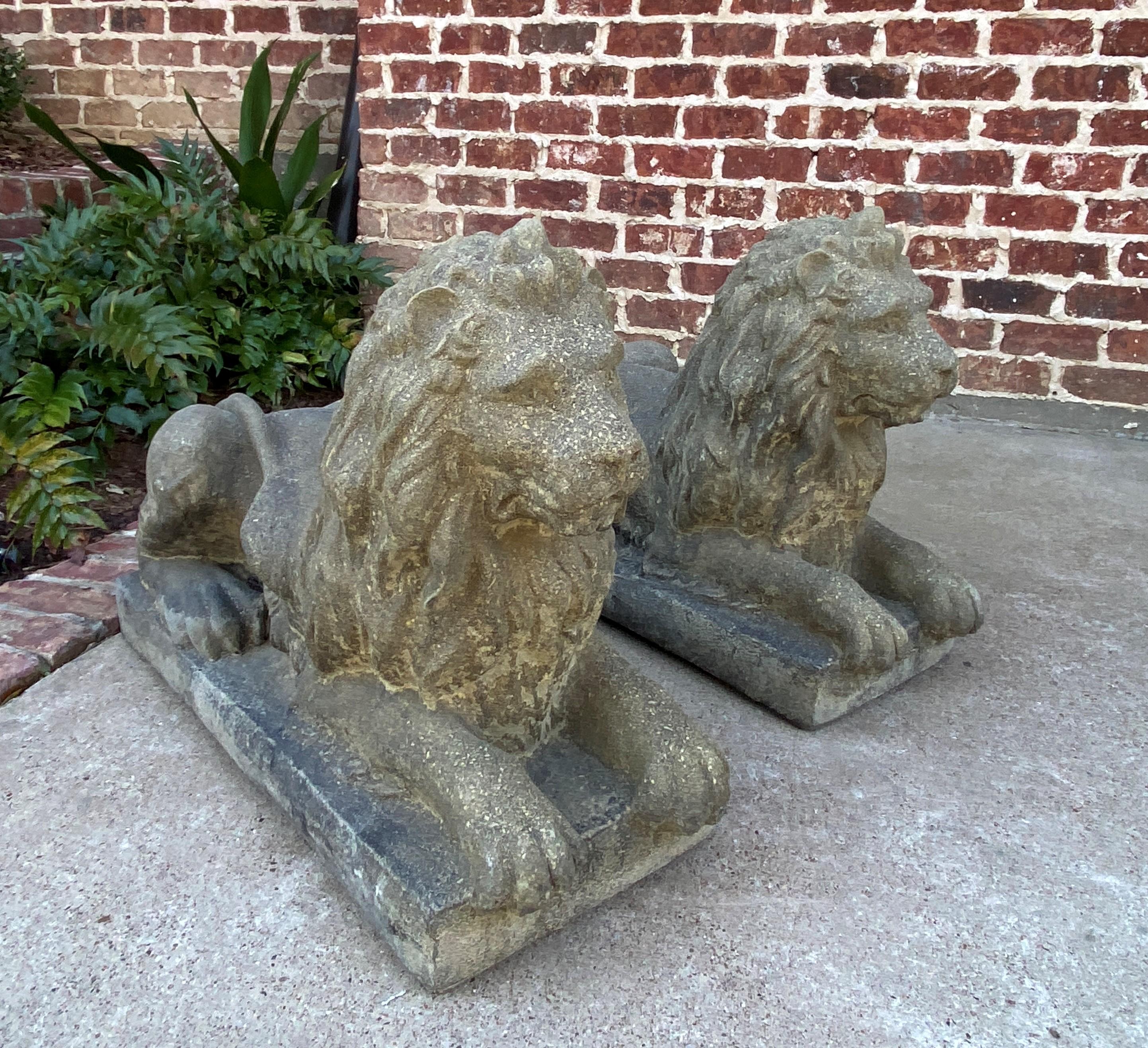Vintage English Statues Garden Figures Lions Cast Stone Pair Recumbent Lions 8