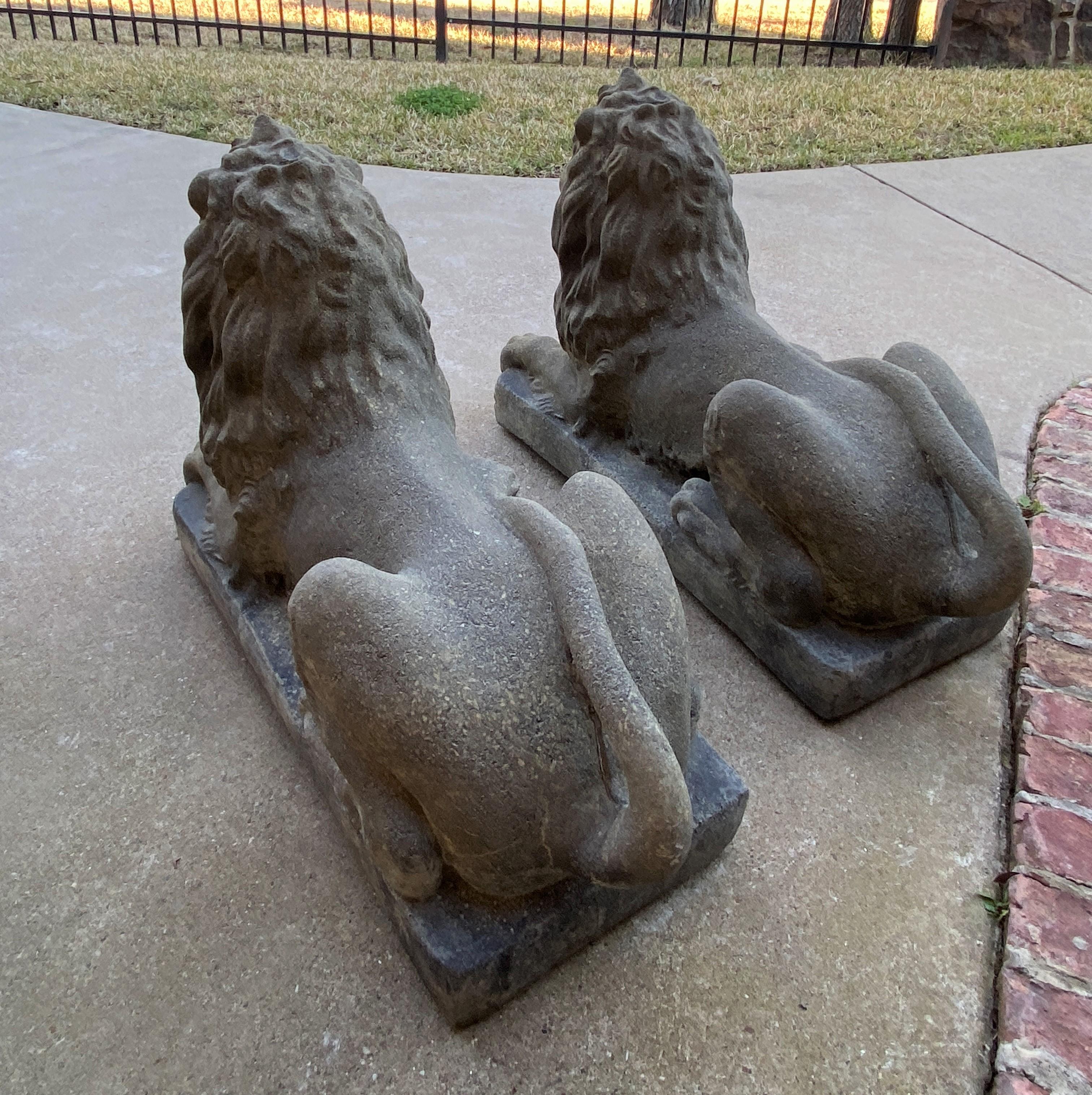Vintage English Statues Garden Figures Lions Cast Stone Pair Recumbent Lions 12