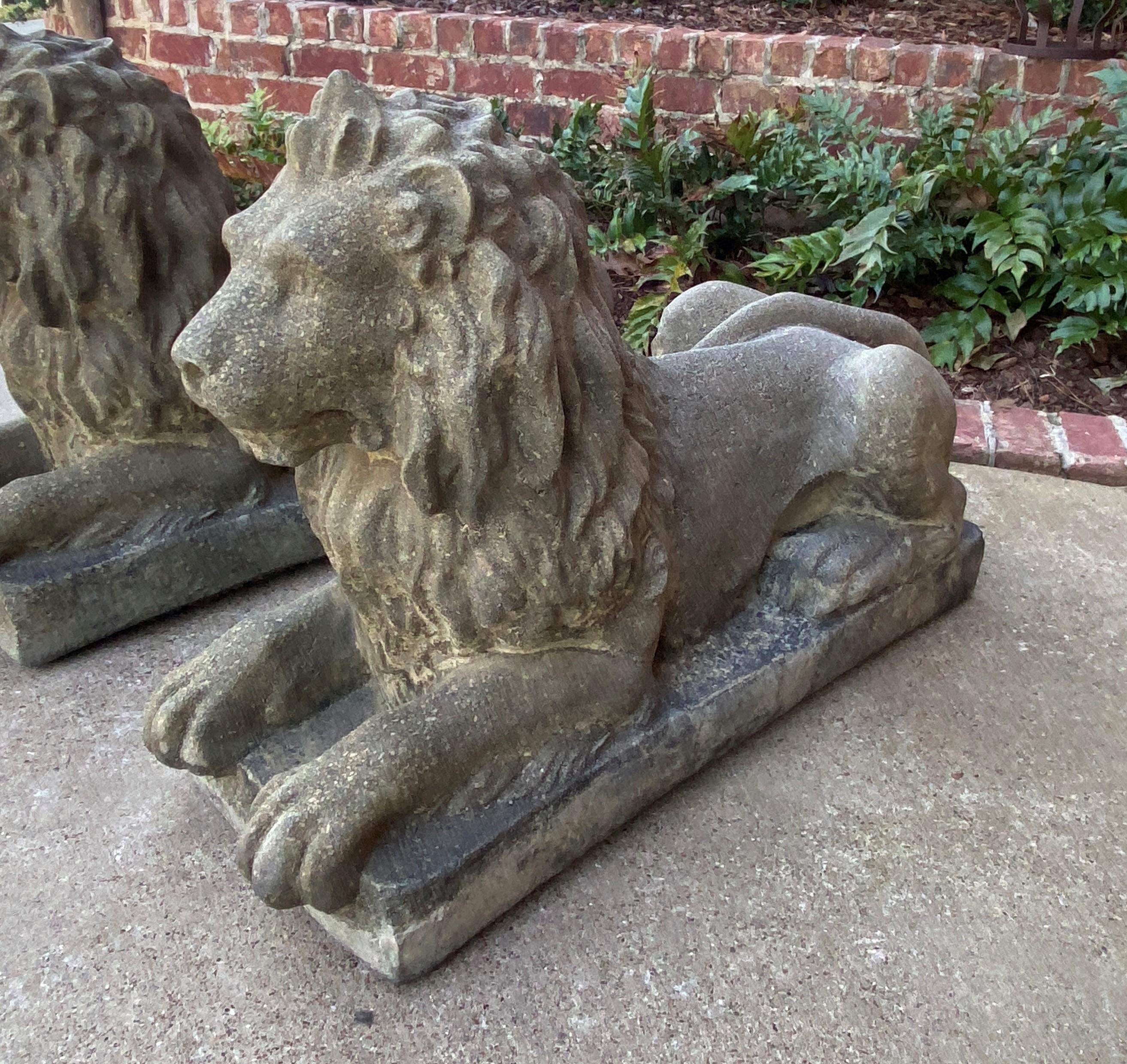 Vintage English Statues Garden Figures Lions Cast Stone Pair Recumbent Lions 13