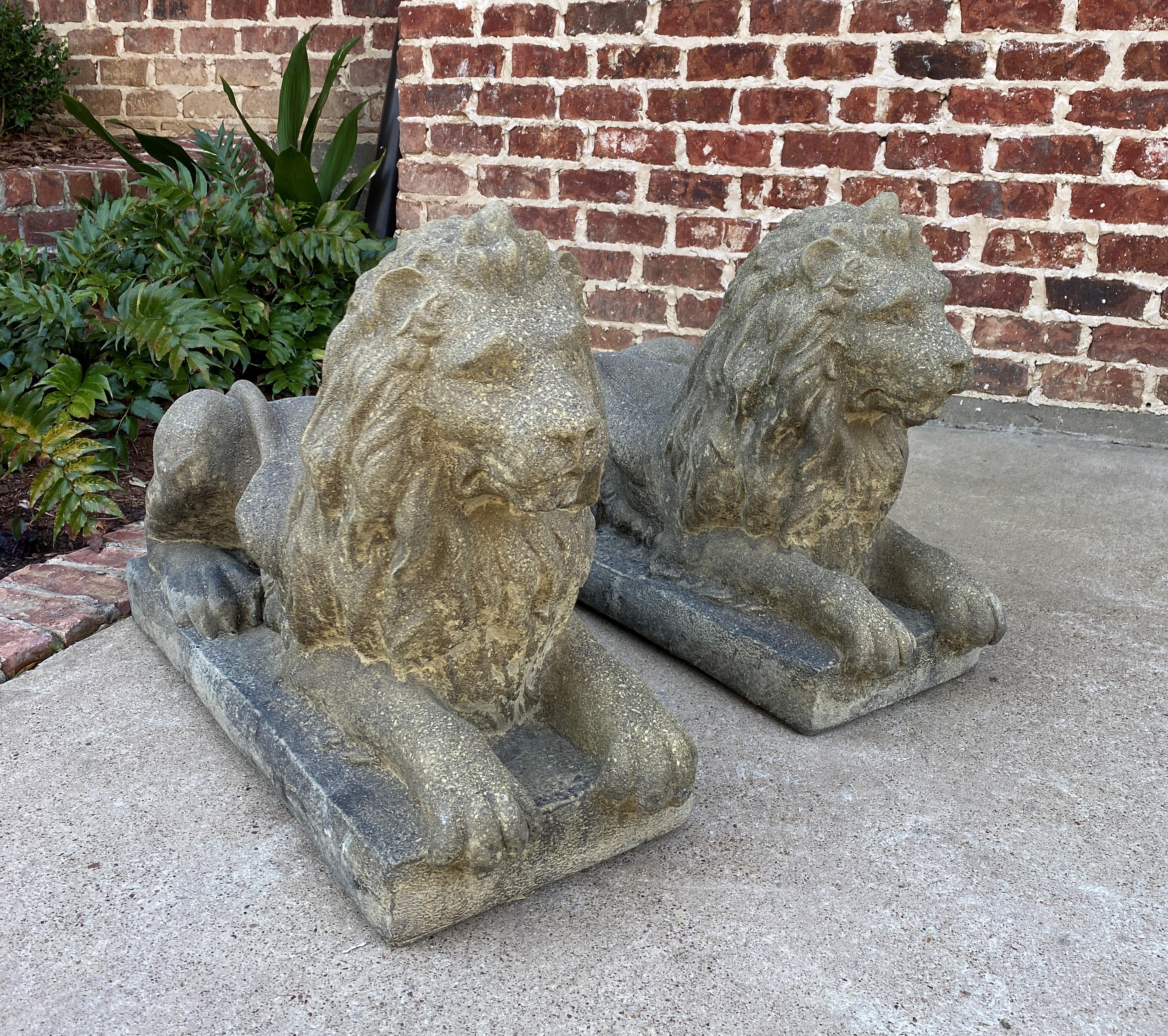 Victorian Vintage English Statues Garden Figures Lions Cast Stone Pair Recumbent Lions