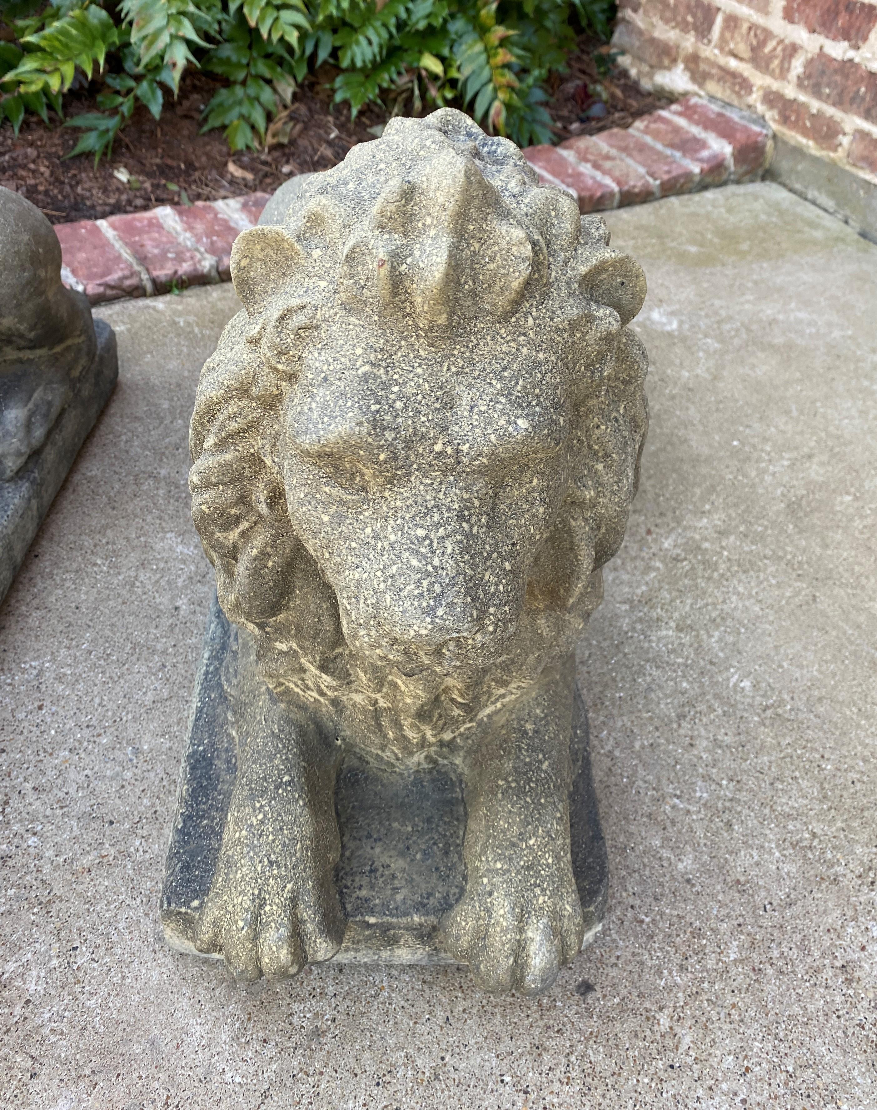 Vintage English Statues Garden Figures Lions Cast Stone Pair Recumbent Lions In Good Condition In Tyler, TX