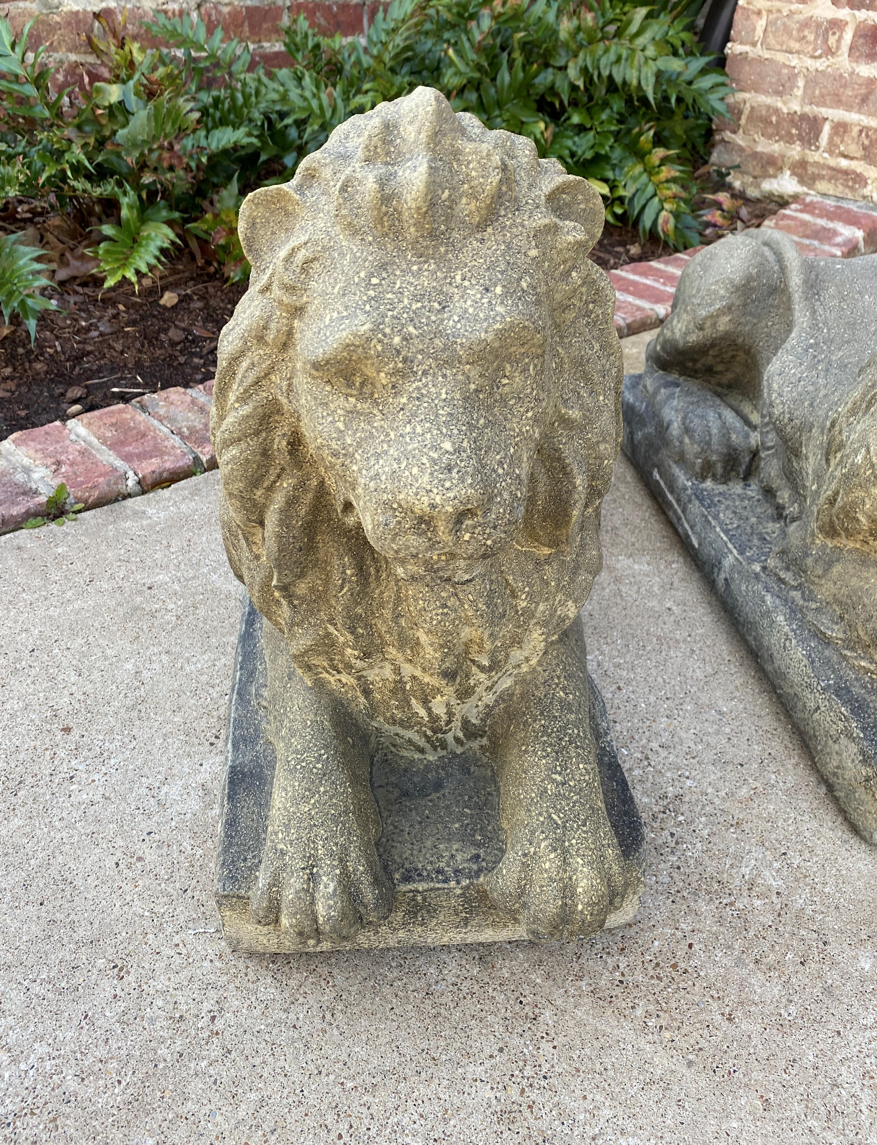 20th Century Vintage English Statues Garden Figures Lions Cast Stone Pair Recumbent Lions