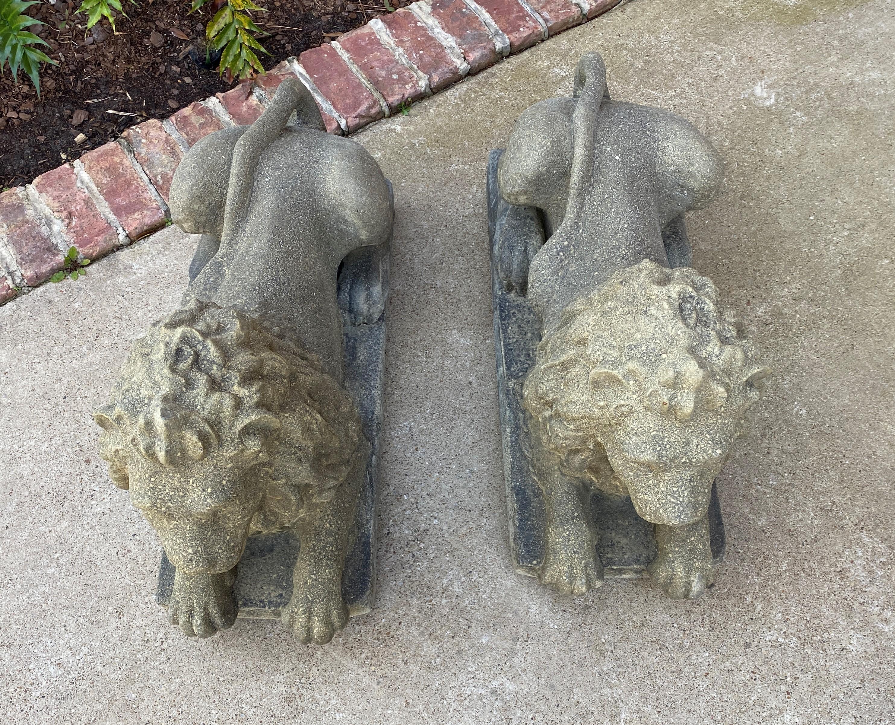 Vintage English Statues Garden Figures Lions Cast Stone Pair Recumbent Lions 1