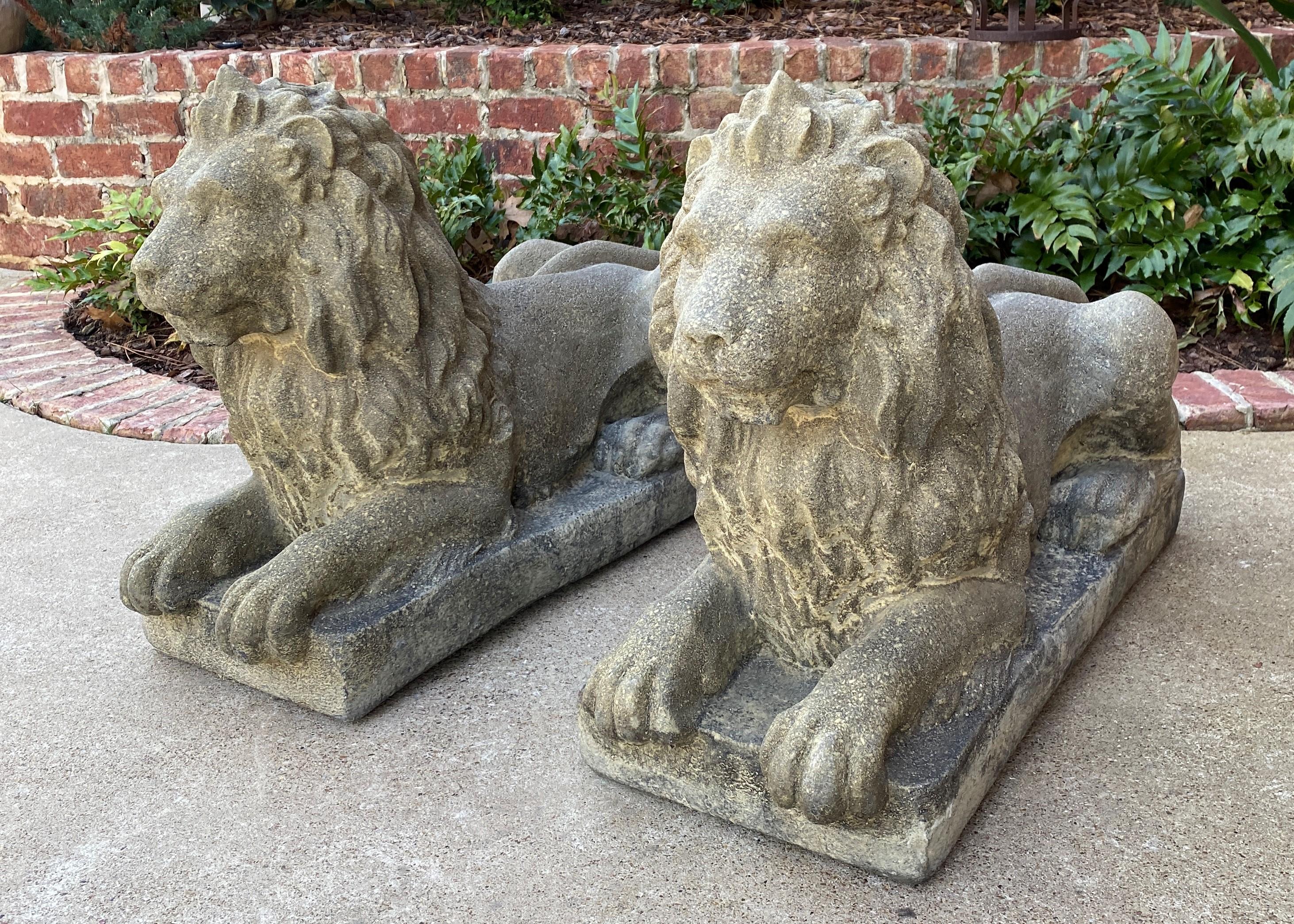 Vintage English Statues Garden Figures Lions Cast Stone Pair Recumbent Lions 3