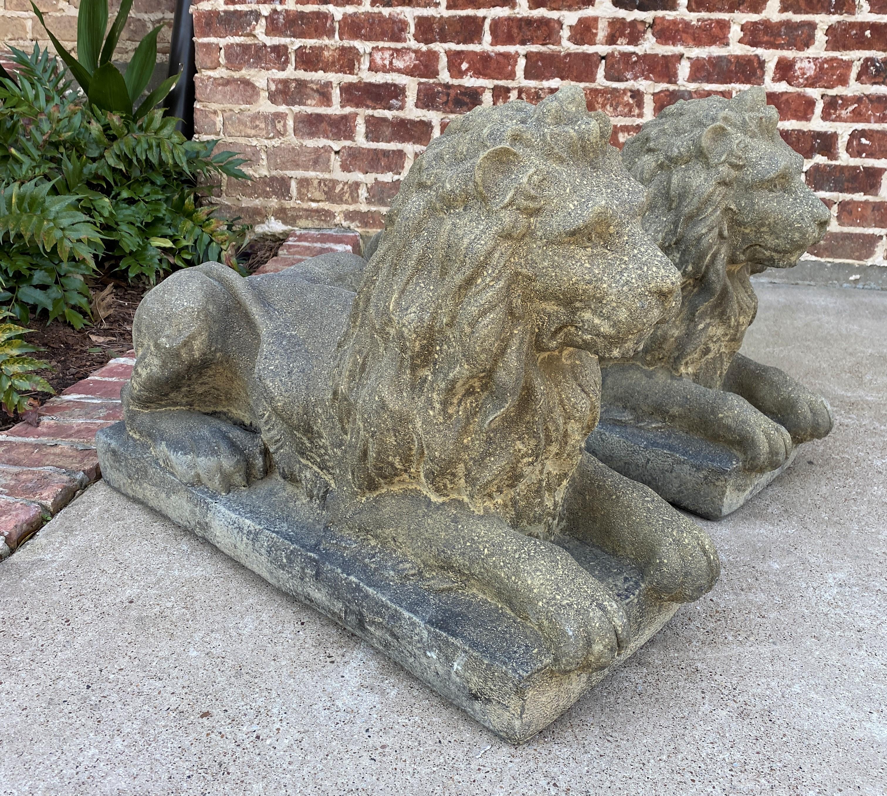 Vintage English Statues Garden Figures Lions Cast Stone Pair Recumbent Lions 4