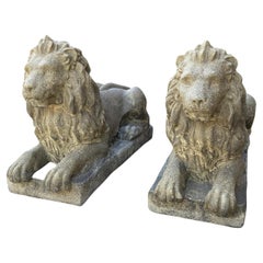 Vintage English Statues Garden Figures Lions Cast Stone Pair Recumbent Lions