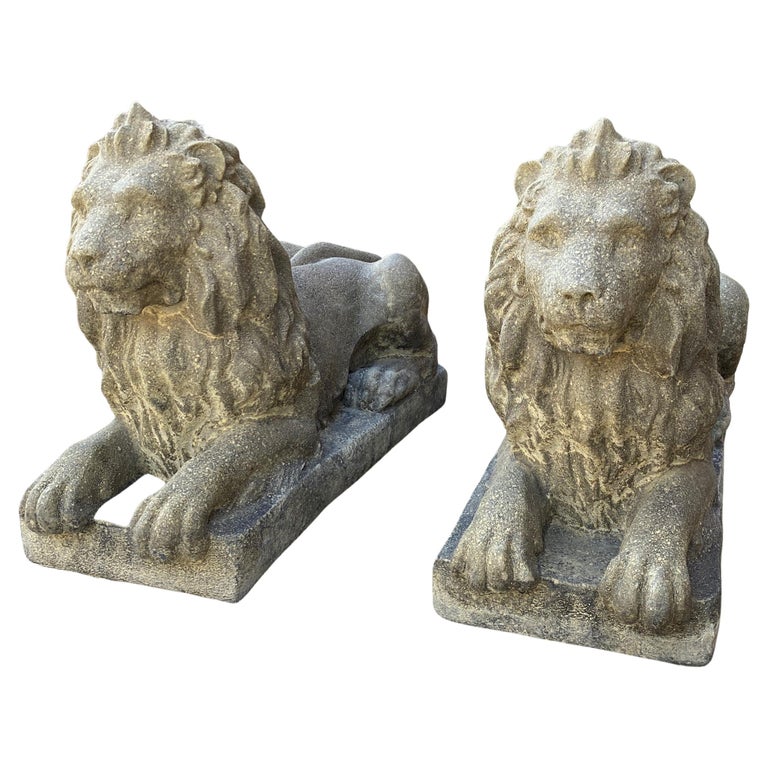 Vintage English Statues Garden Figures Lions Cast Stone Pair Recumbent ...