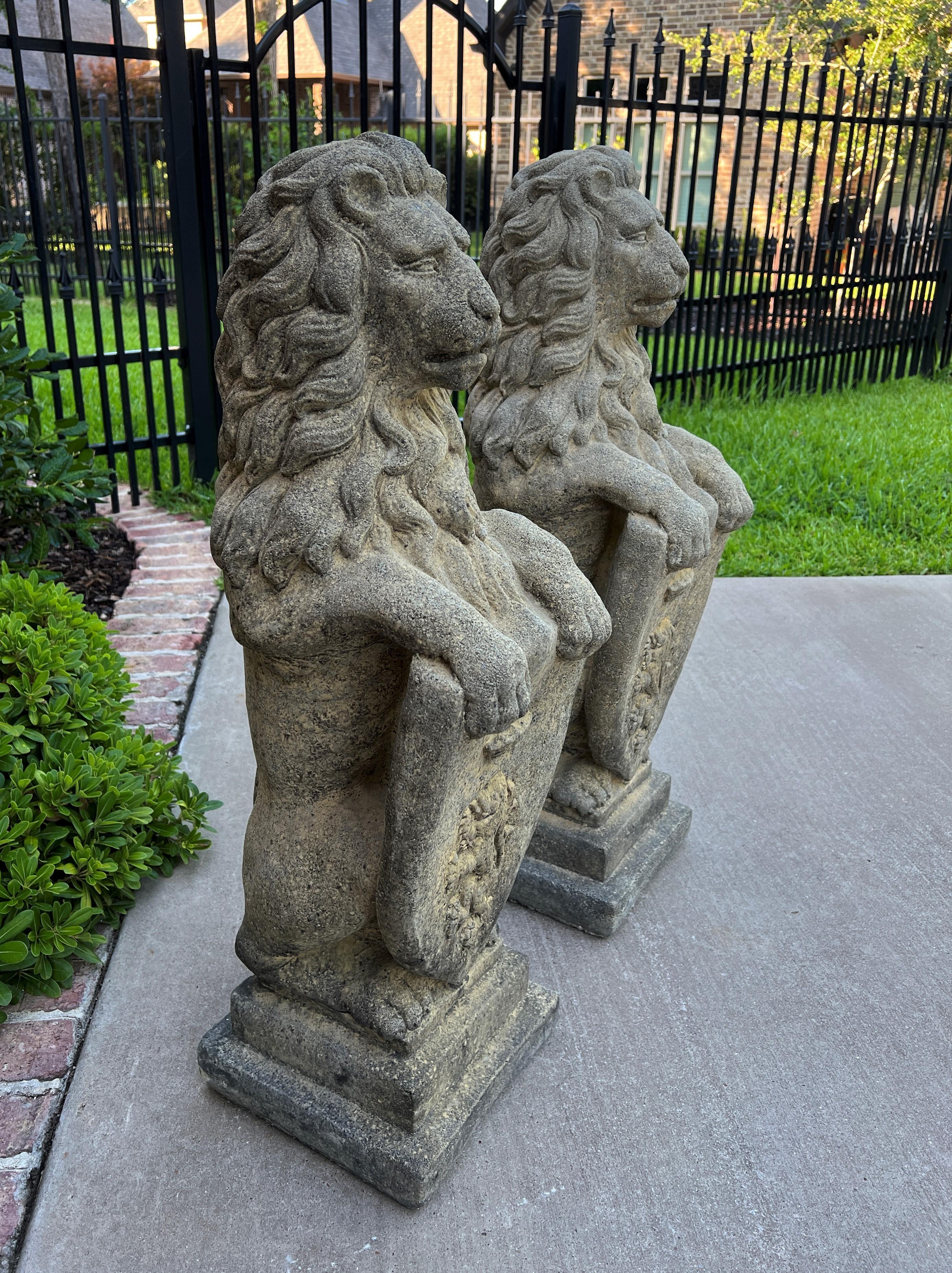 Vintage English Statues Garden Figures Lions Shield Cast Stone Pair, #1 9