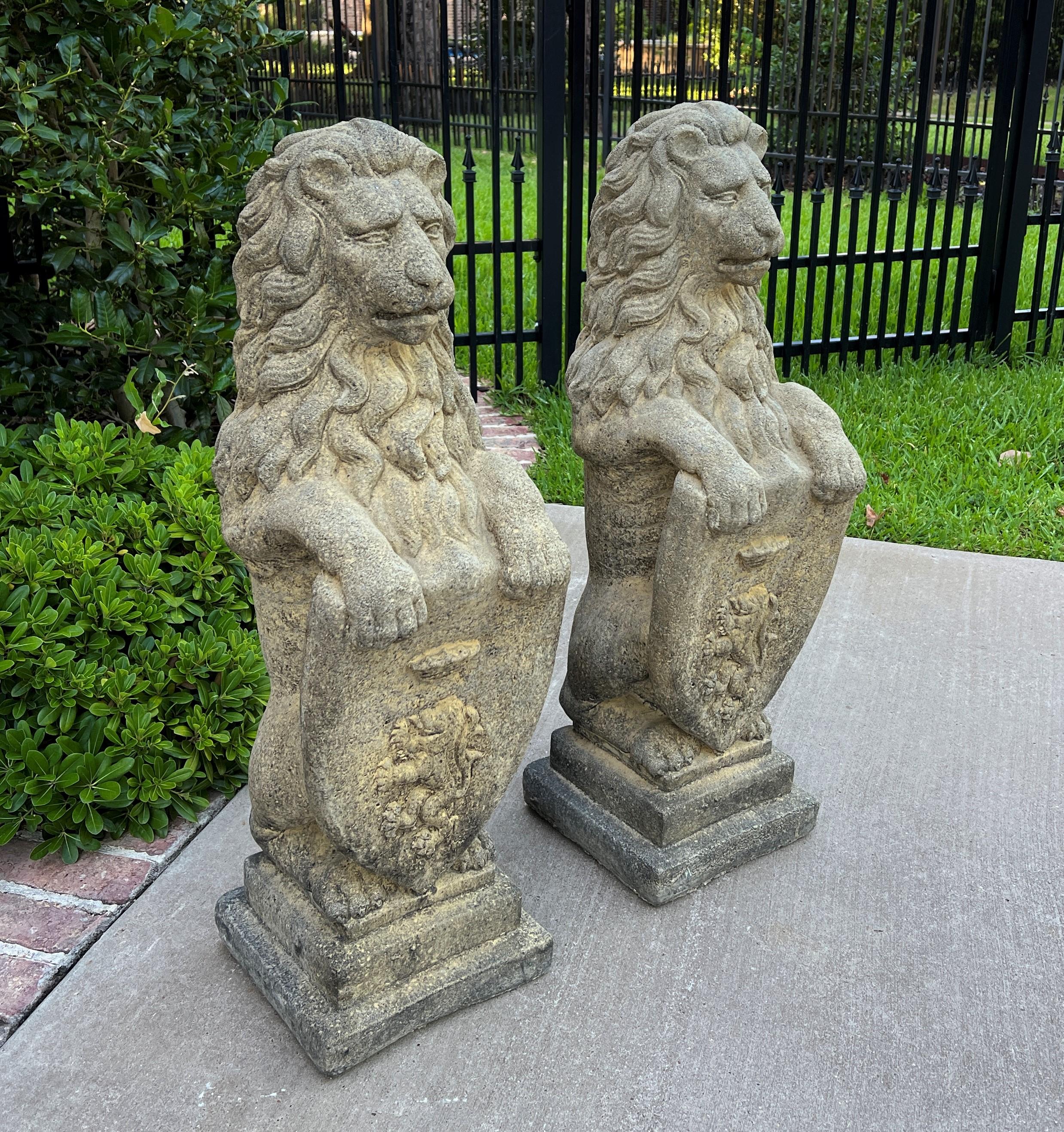 Victorian Vintage English Statues Garden Figures Lions Shield Cast Stone Pair, #1