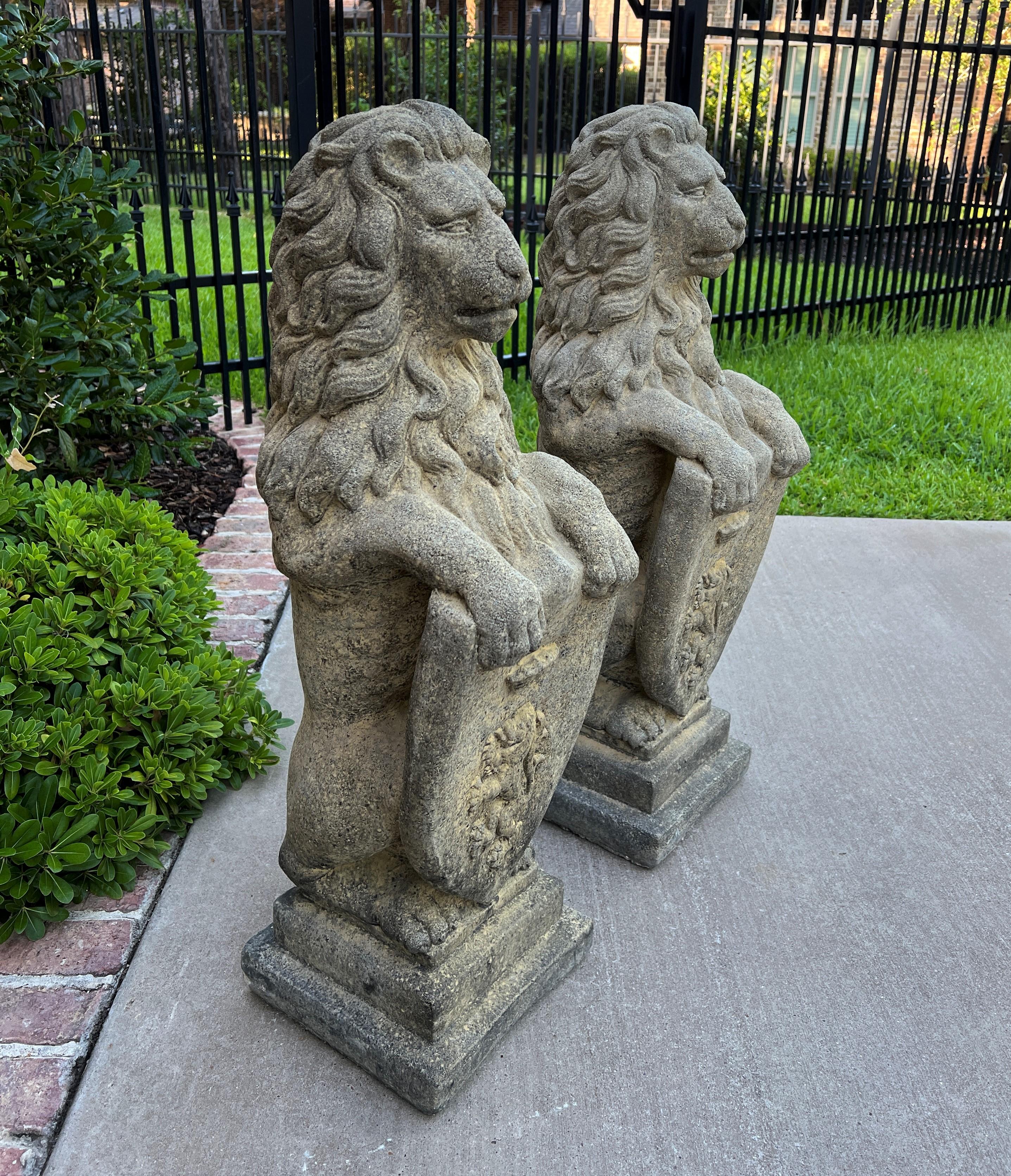 Vintage English Statues Garden Figures Lions Shield Cast Stone Pair, #1 In Good Condition In Tyler, TX