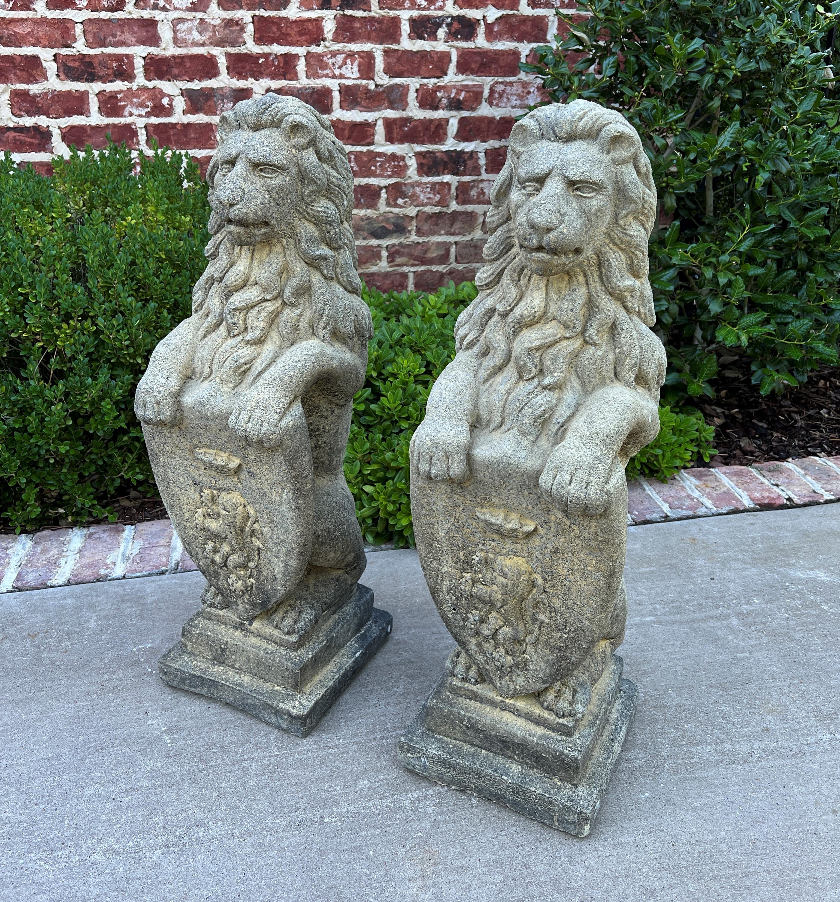20th Century Vintage English Statues Garden Figures Lions Shield Cast Stone Pair, #1