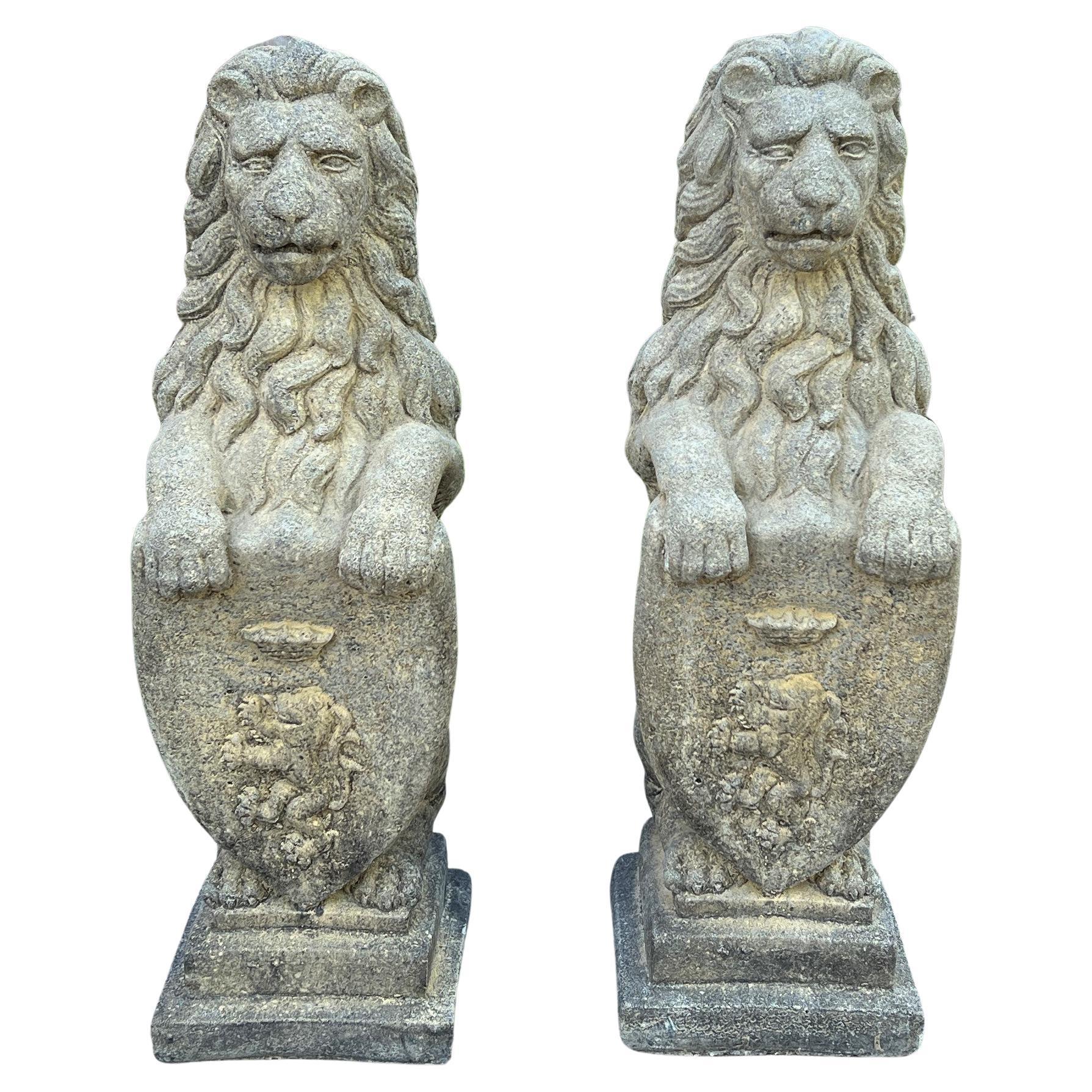 Vintage English Statues Garden Figures Lions Shield Cast Stone Pair, #1
