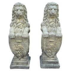 Vintage English Statues Garden Figures Lions Shield Cast Stone Pair, #1