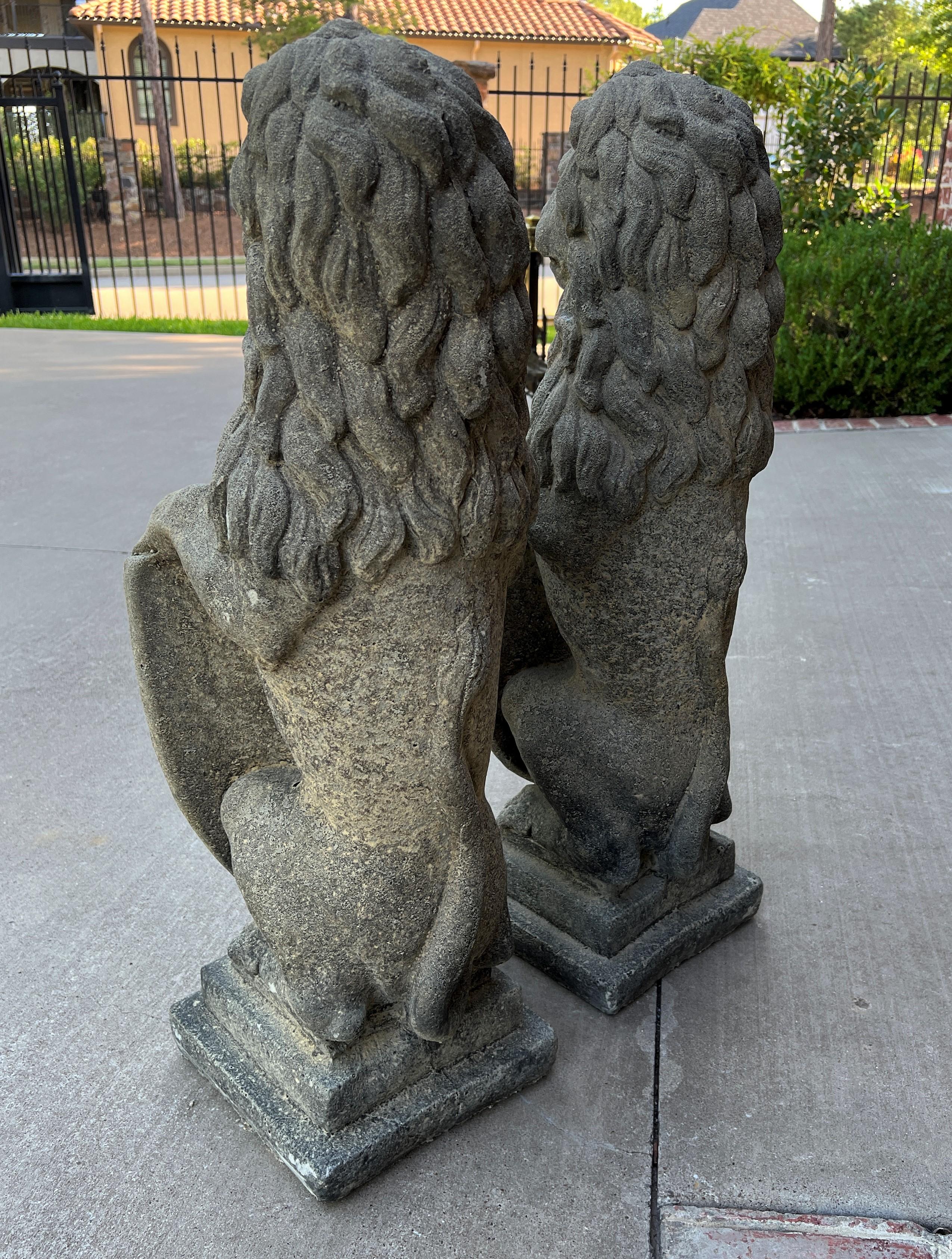 Vintage English Statues Garden Figures Lions Shield Cast Stone Pair #2 5