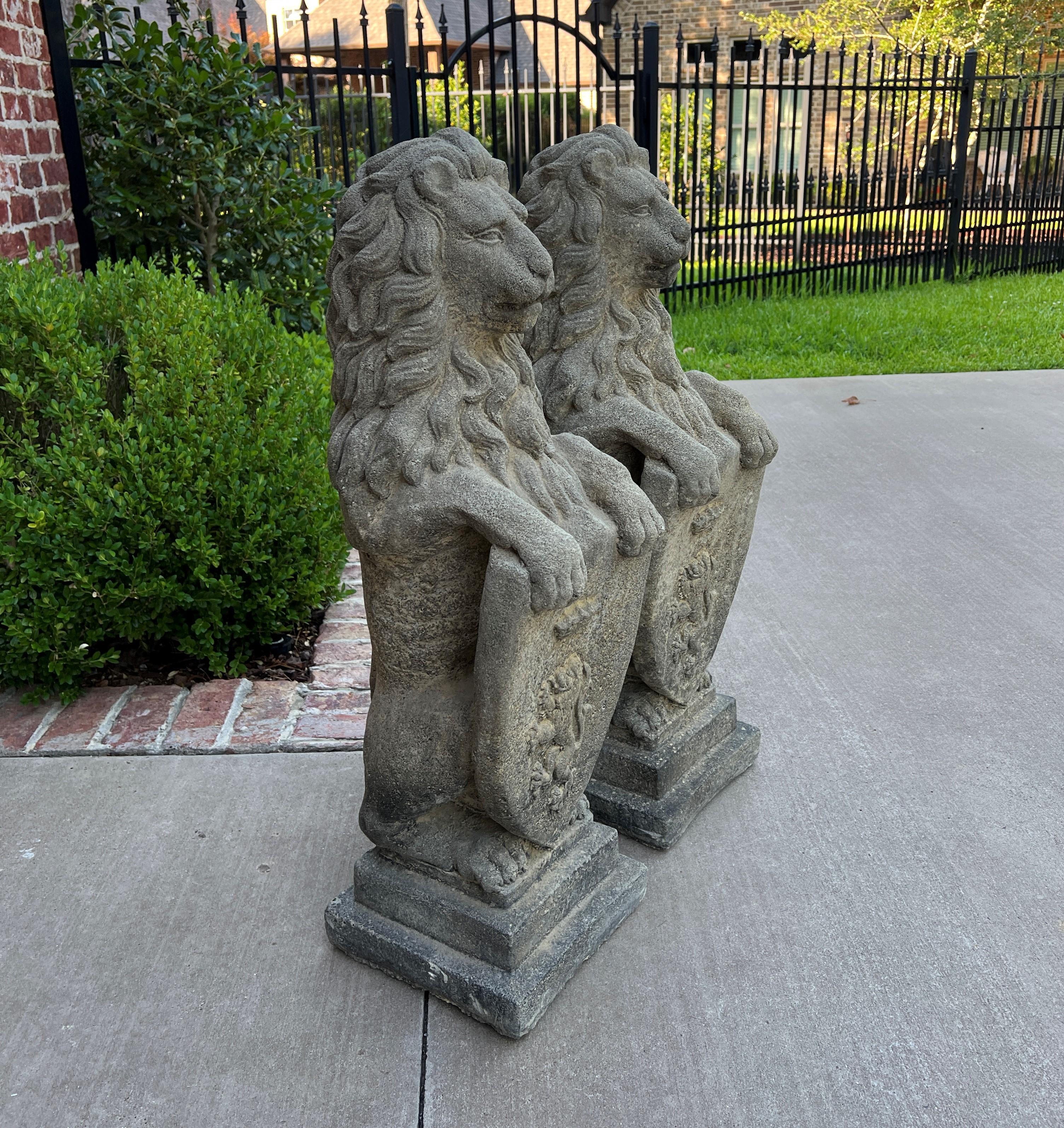 Victorian Vintage English Statues Garden Figures Lions Shield Cast Stone Pair #2