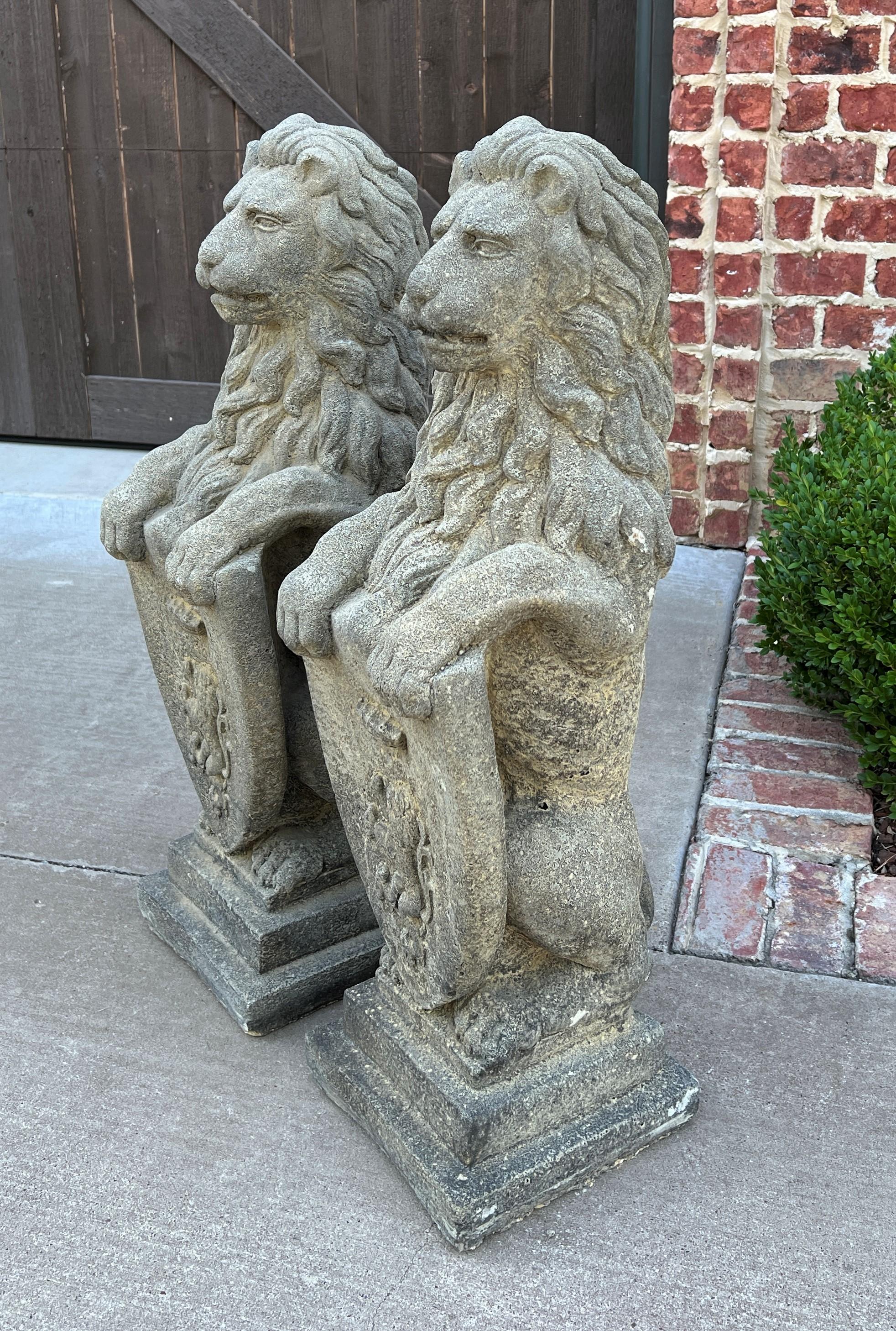 20th Century Vintage English Statues Garden Figures Lions Shield Cast Stone Pair #2