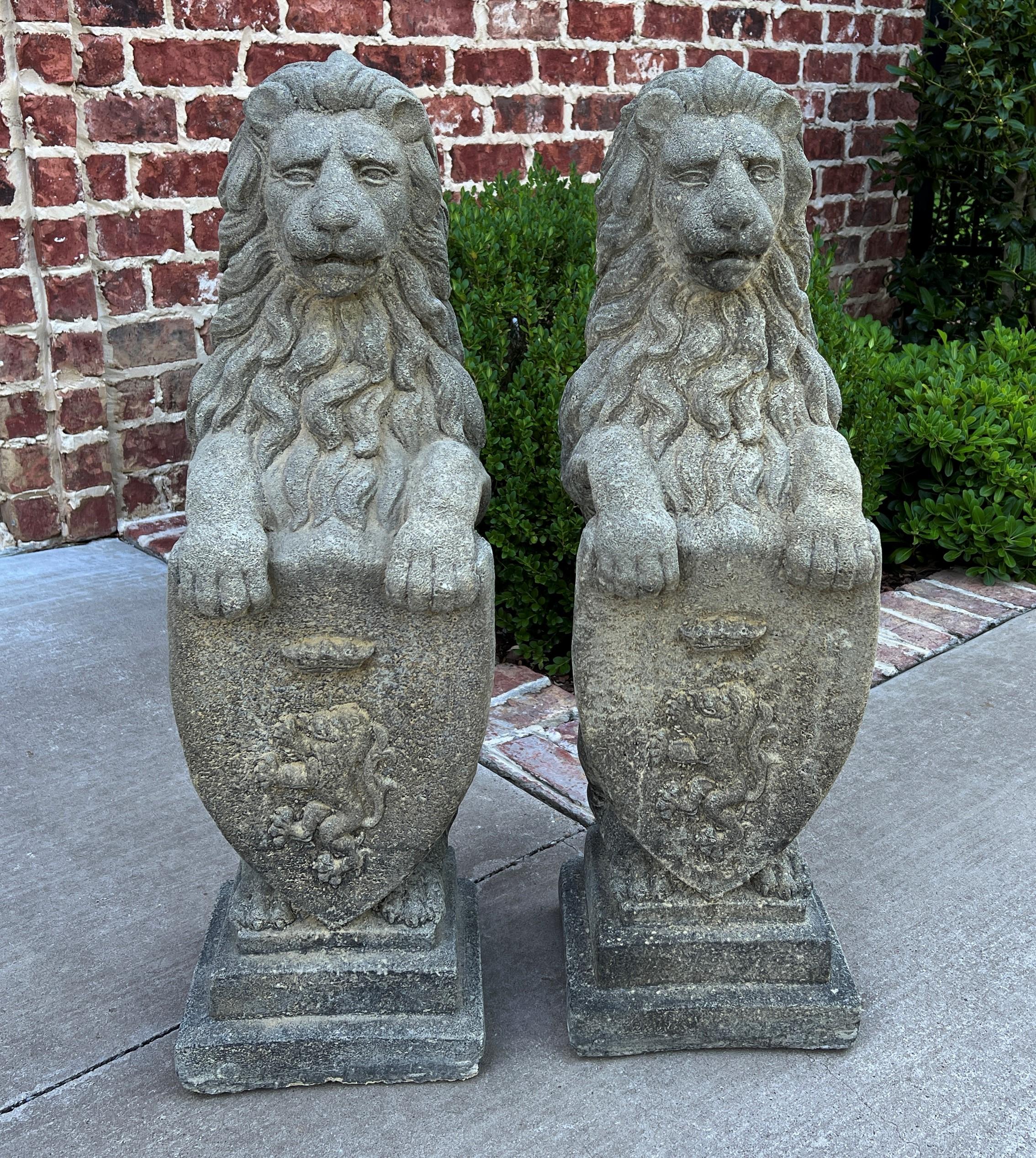 Vintage English Statues Garden Figures Lions Shield Cast Stone Pair #2 2