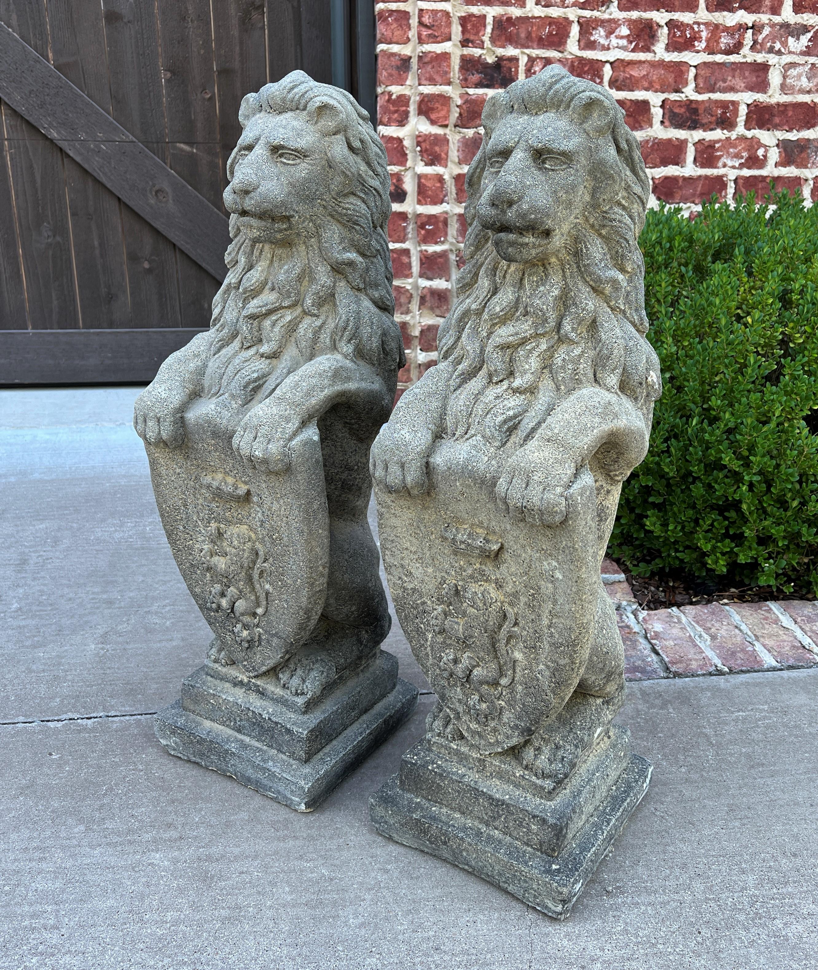 Vintage English Statues Garden Figures Lions Shield Cast Stone Pair #2 3