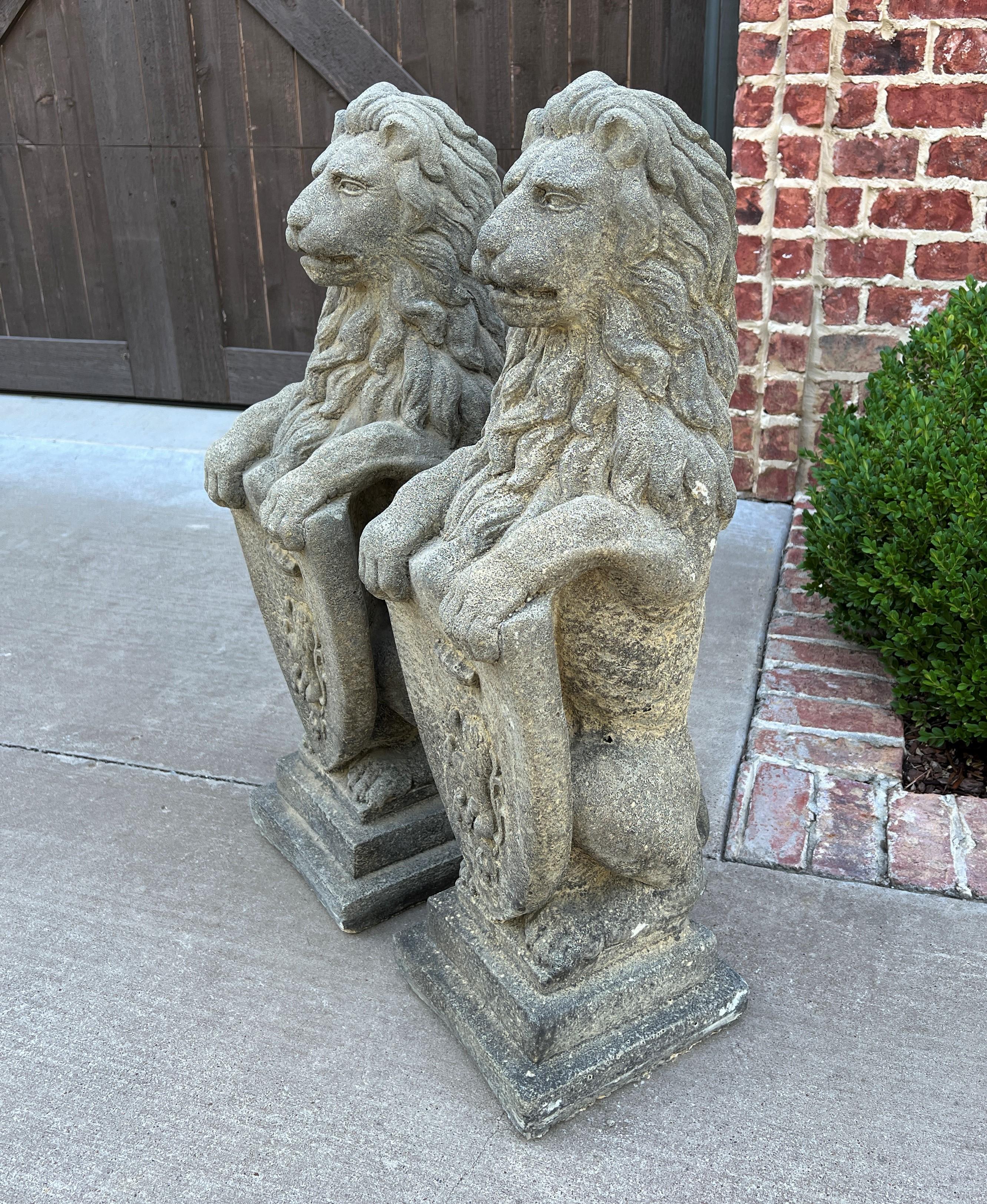 Vintage English Statues Garden Figures Lions Shield Cast Stone Pair #2 4