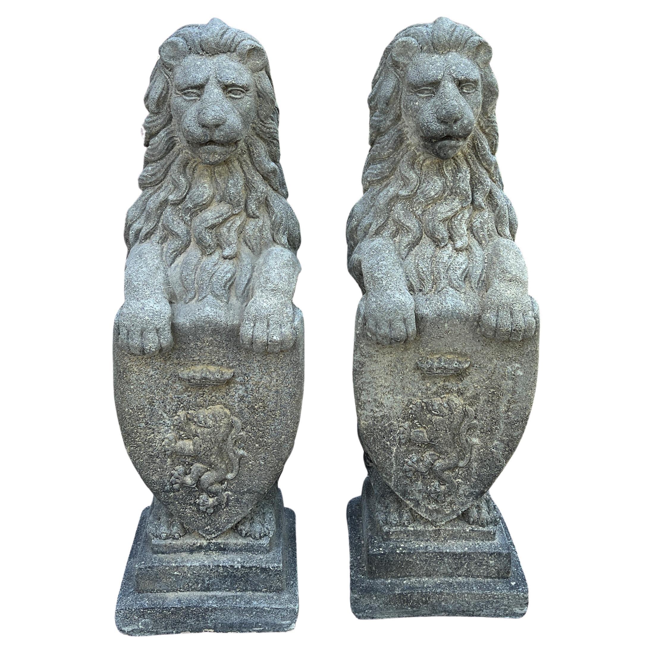 Vintage English Statues Garden Figures Lions Shield Cast Stone Pair #2
