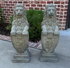 Vintage English Statues Garden Figures Lions Shield Cast Stone Pair 32" #3