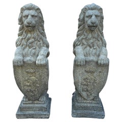 Vintage English Statues Garden Figures Lions Shield Cast Stone Pair 32" #3