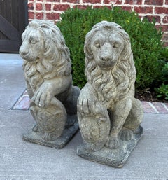 Vintage English Statues Garden Figures Seated Lions Shield Cast Stone Pair