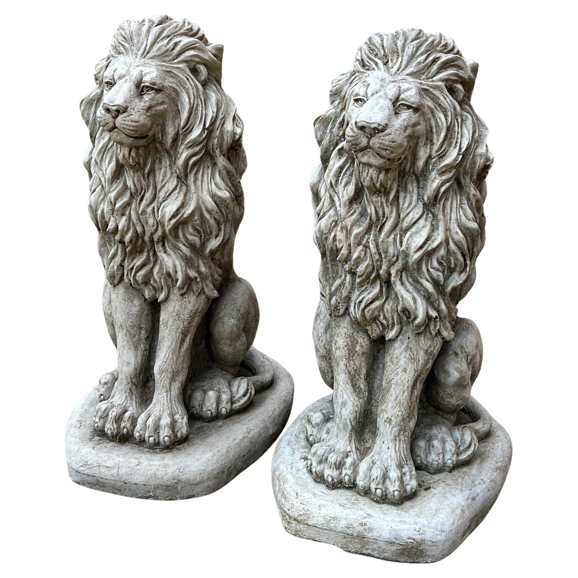 Vintage English Statues LIONS PAIR Garden Figures Cast Stone Yard Decor 16" Tall For Sale