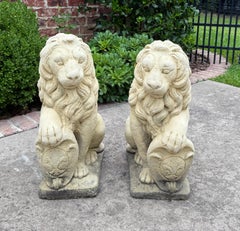 Vintage English Statues LIONS PAIR Garden Figures Cast Stone Yard Decor 22" Tall
