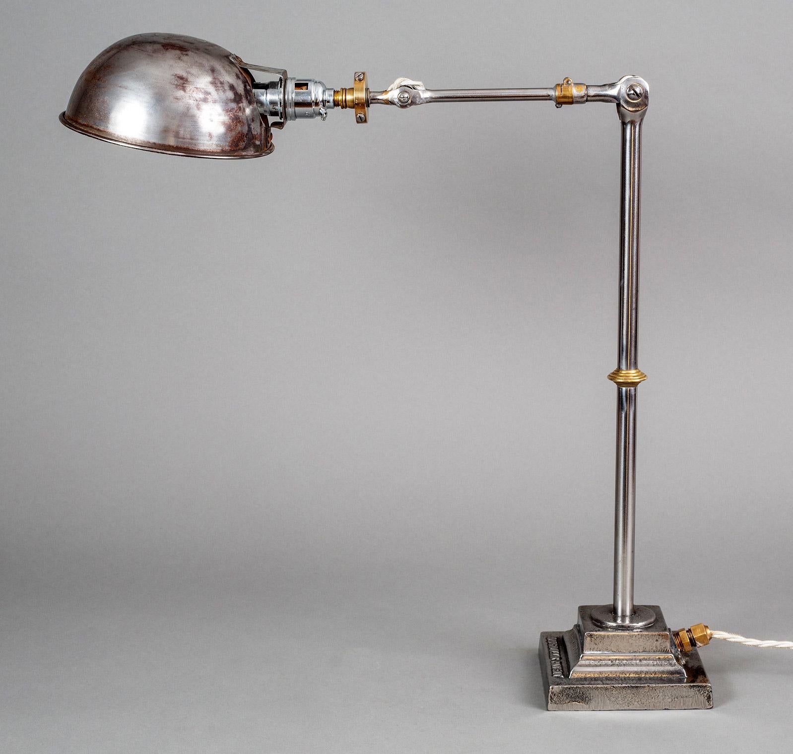 Brass Vintage English Steel Work Desk Lamp For Sale