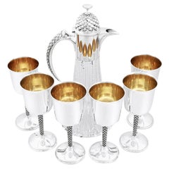 Vintage English Sterling Silver Mounted Glass Claret Jug and Matching Goblets