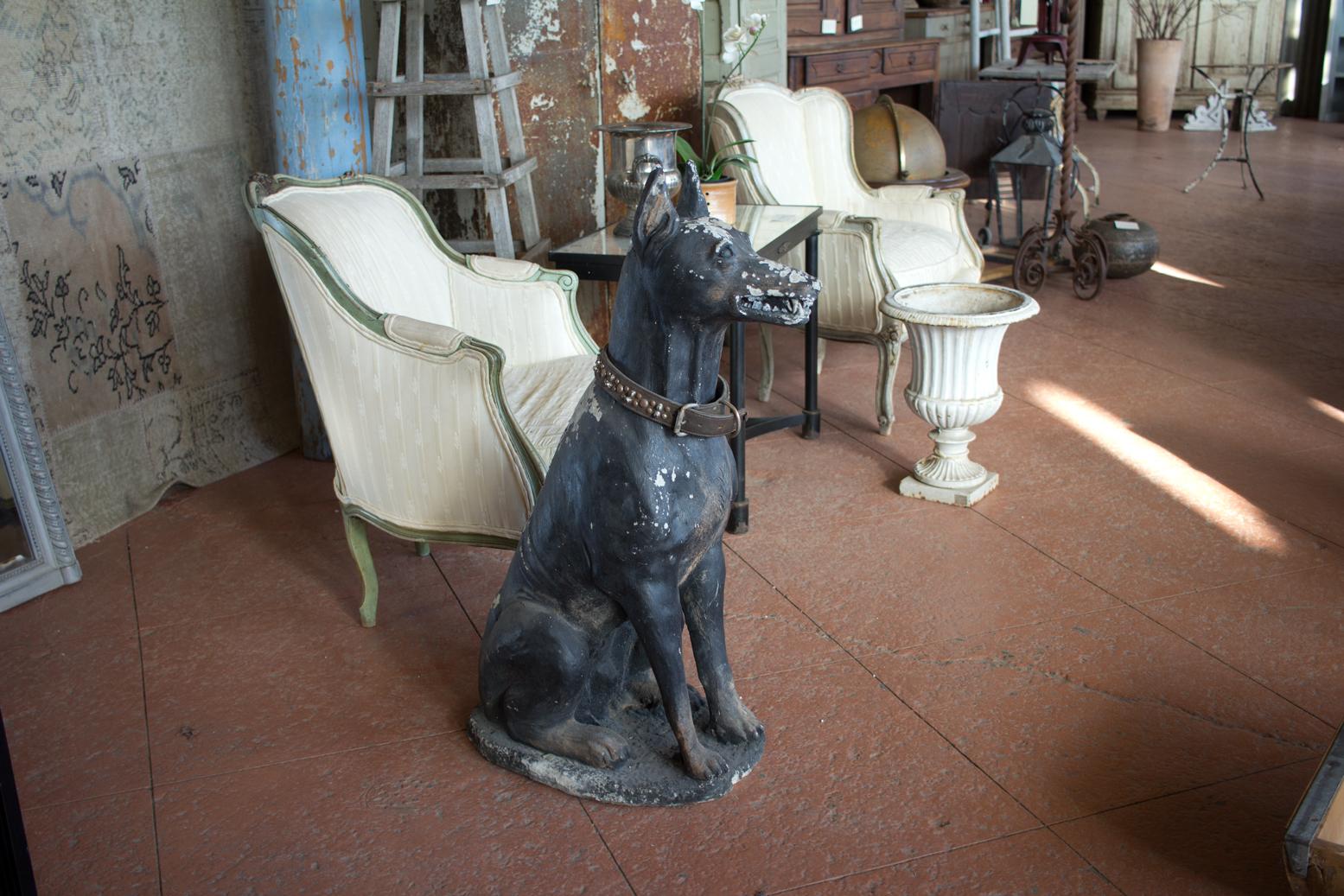 A substantial composite stone sitting Doberman dog. Wonderful character with old distressed paint. He’s wearing a very smart leather studded collar!