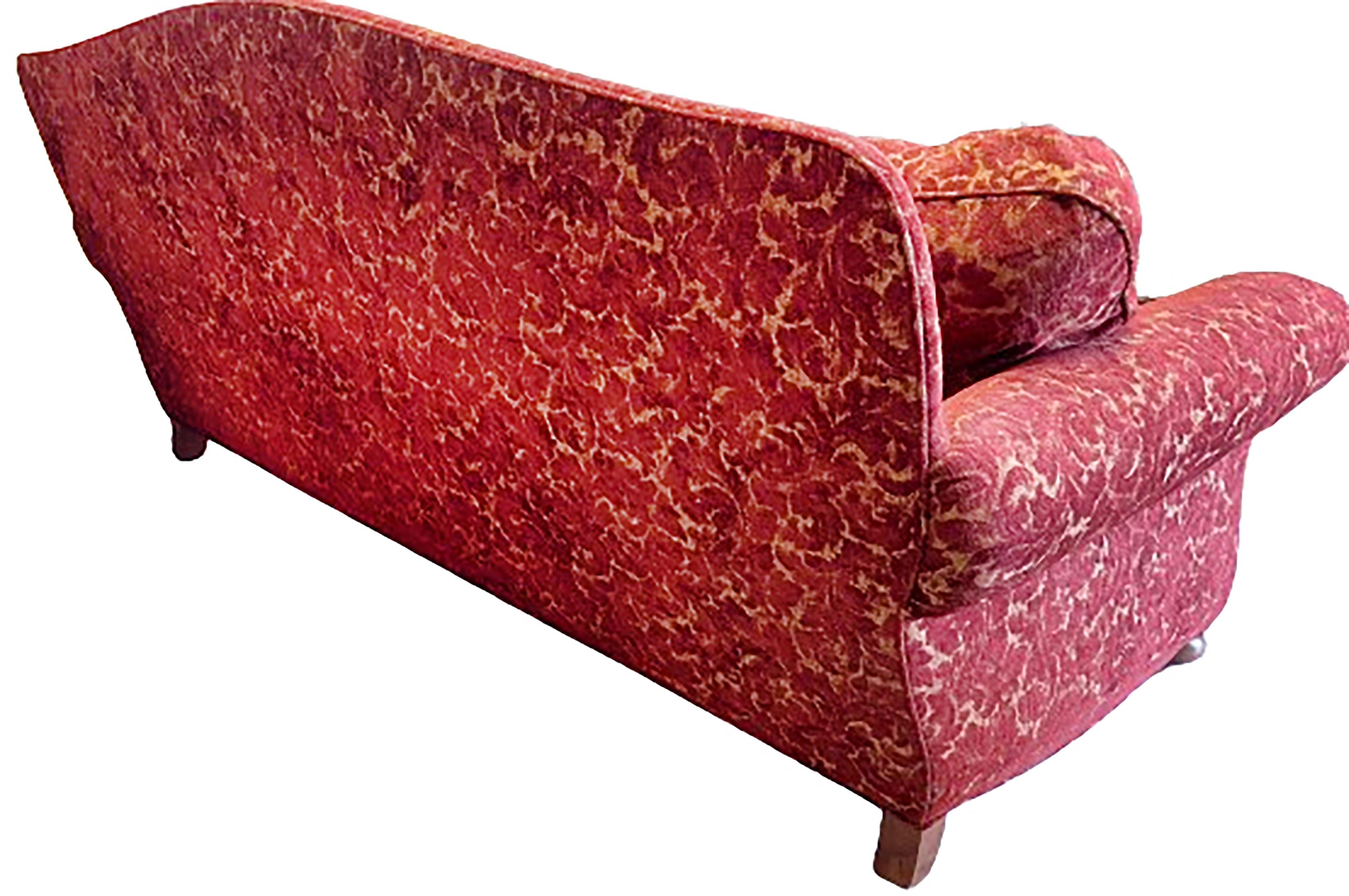 Vintage English Style Loveseat with Crimson and Cream Chenille  In Good Condition For Sale In Dallas, TX