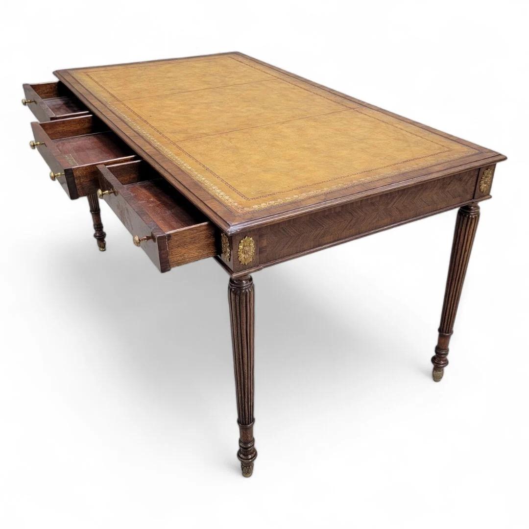 Mid-Century Modern Vintage English Style Mahogany Tooled Leather Top Writing Desk By Maitland Smith