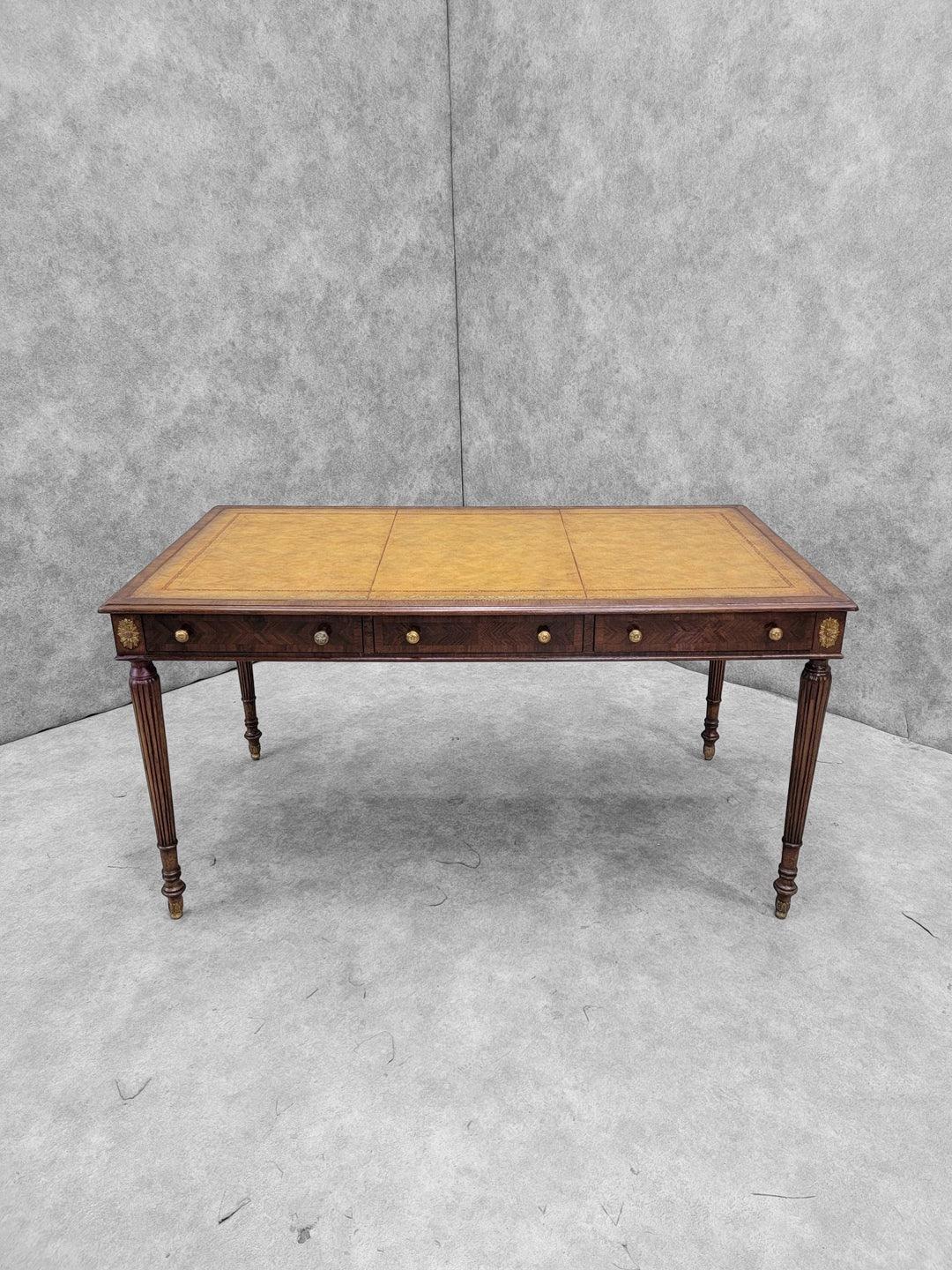 20th Century Vintage English Style Mahogany Tooled Leather Top Writing Desk By Maitland Smith