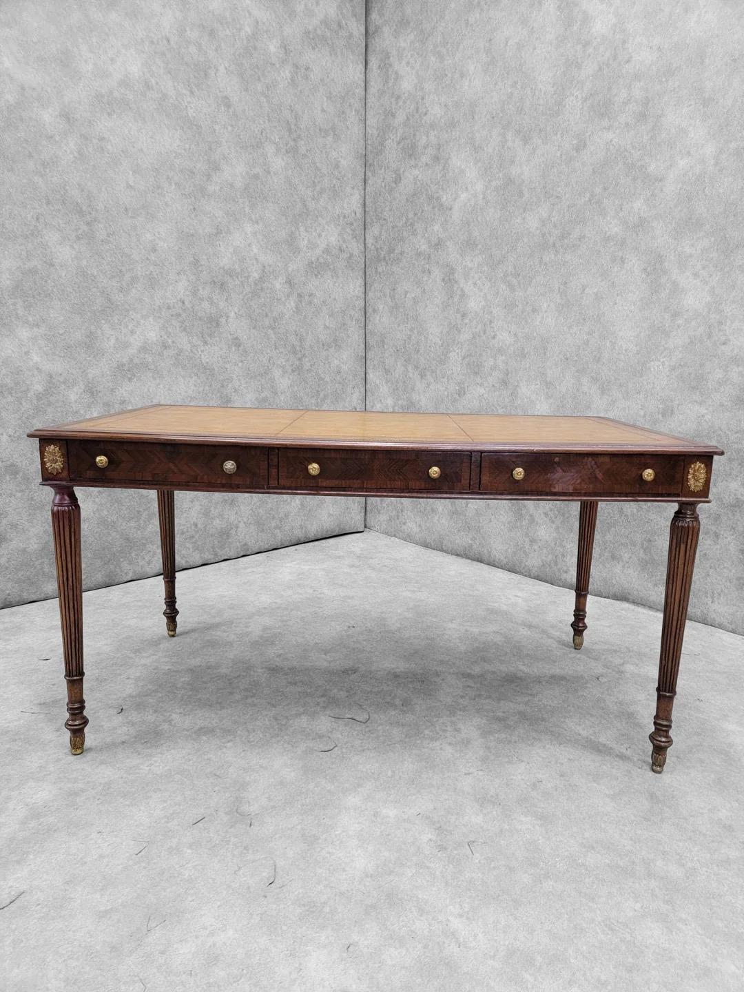 Vintage English Style Mahogany Tooled Leather Top Writing Desk By Maitland Smith 3