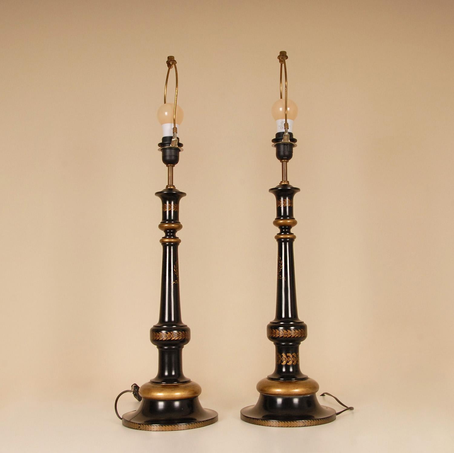 Faux Leather English Traditional Lamps Gold Black Ebonised wood High End Table Lamps For Sale