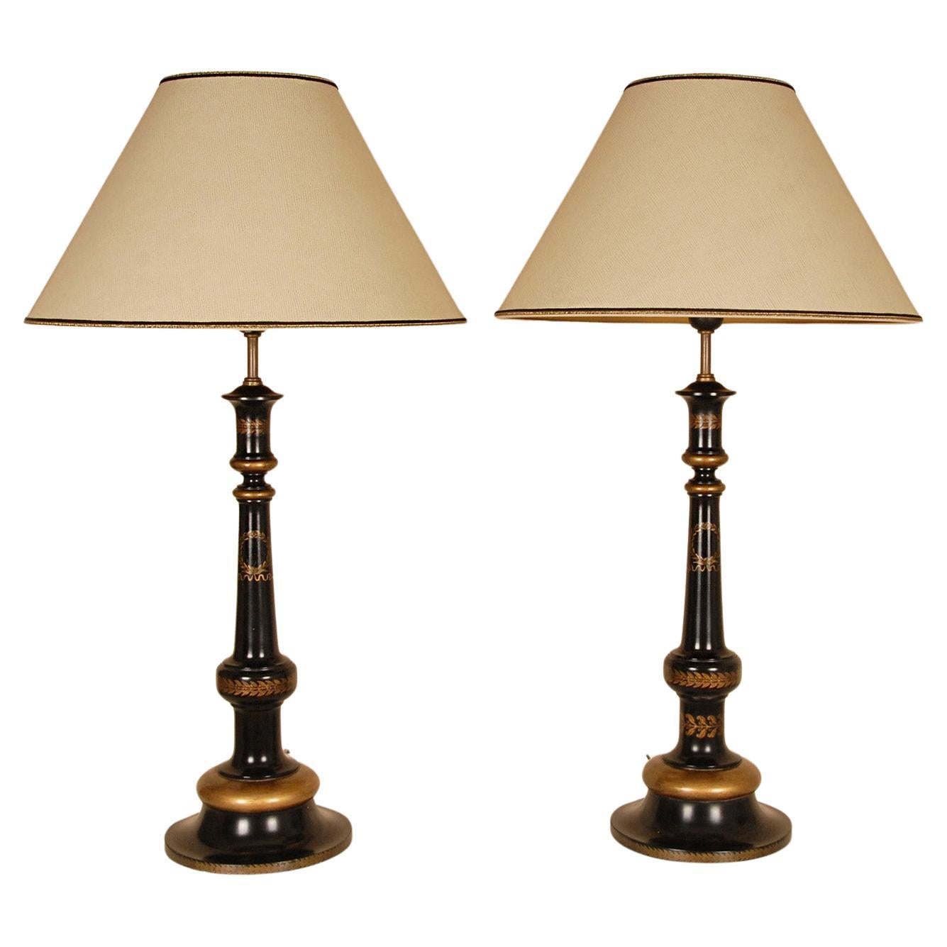 English Traditional Lamps Gold Black Ebonised wood High End Table Lamps For Sale