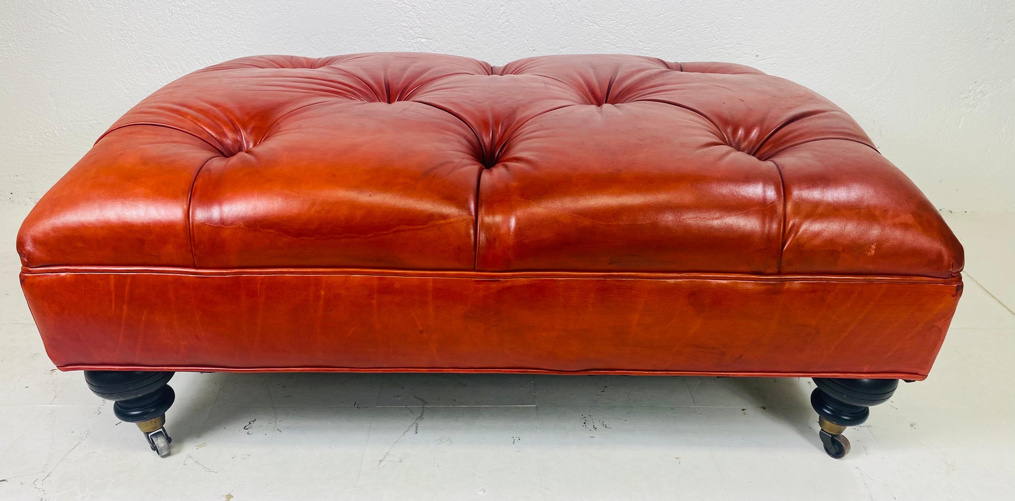 Other Vintage English traditional style tufted leather ottoman. For Sale