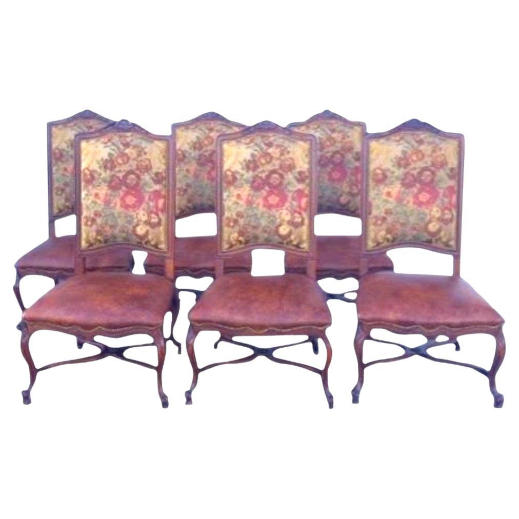 Vintage, Set of 8 Dining Chairs, English, Oak, Leather, Carolean Revival Taste For Sale at