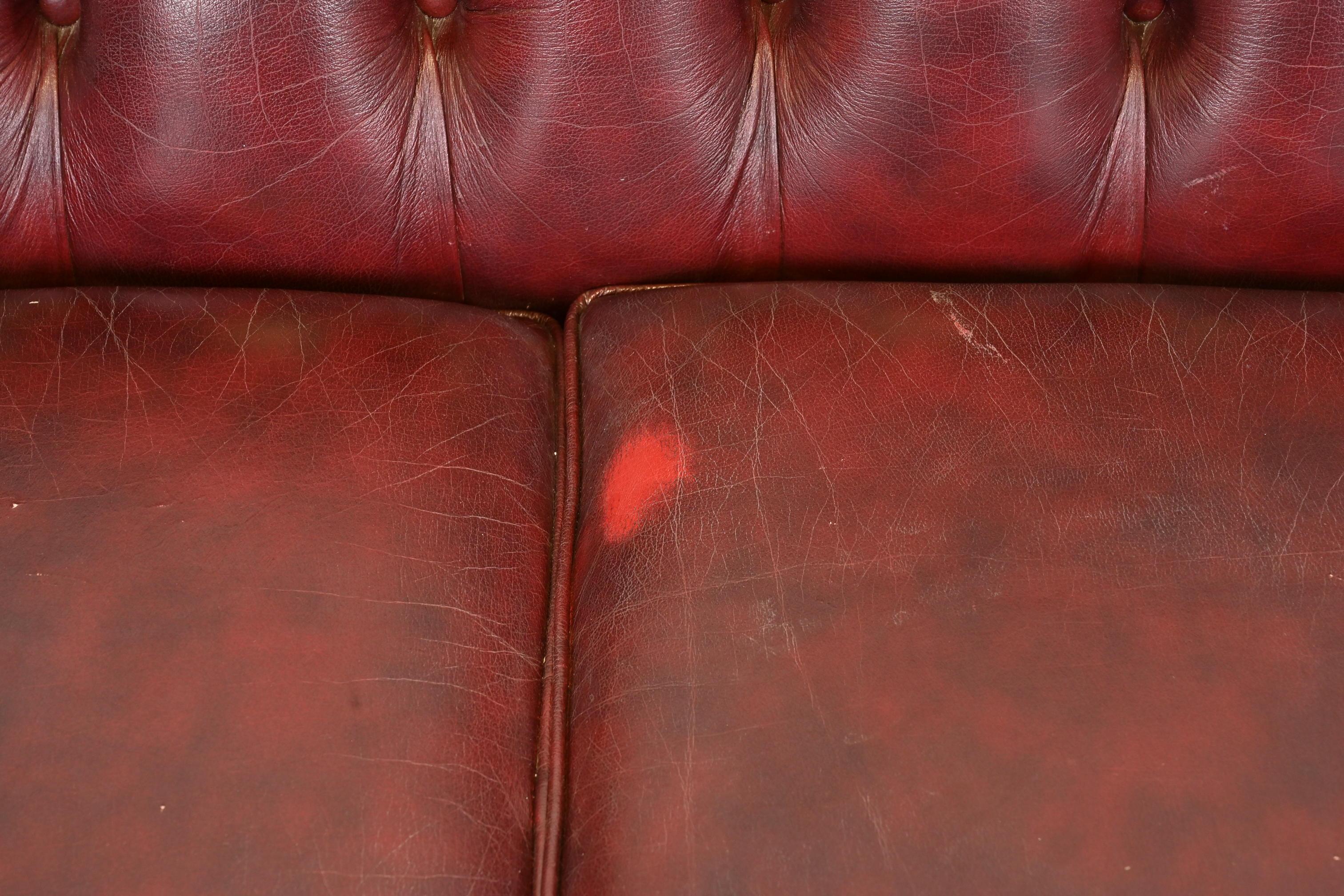 Vintage English Tufted Oxblood Leather Camelback Chesterfield Sofa 5