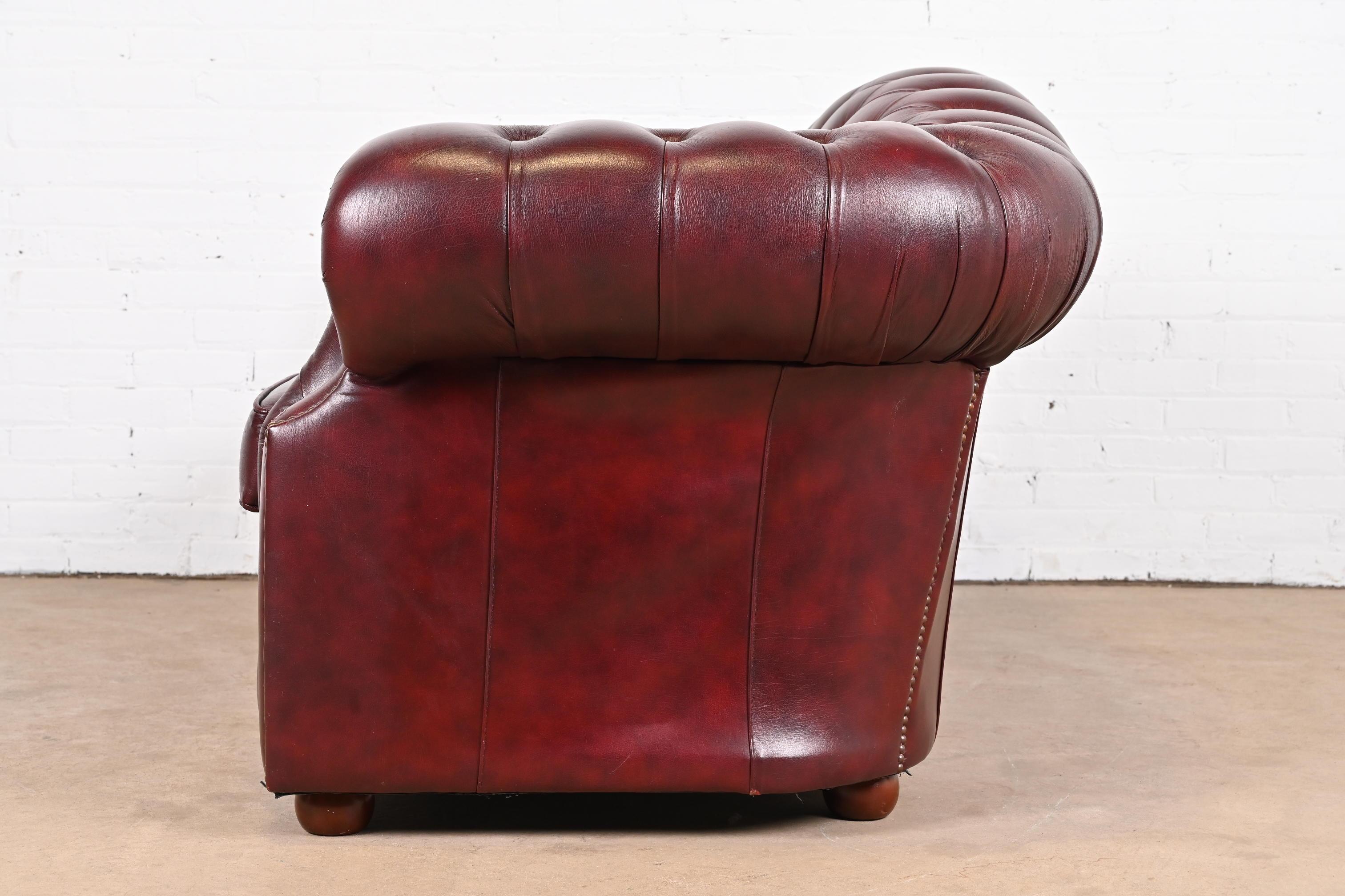 Vintage English Tufted Oxblood Leather Camelback Chesterfield Sofa 6